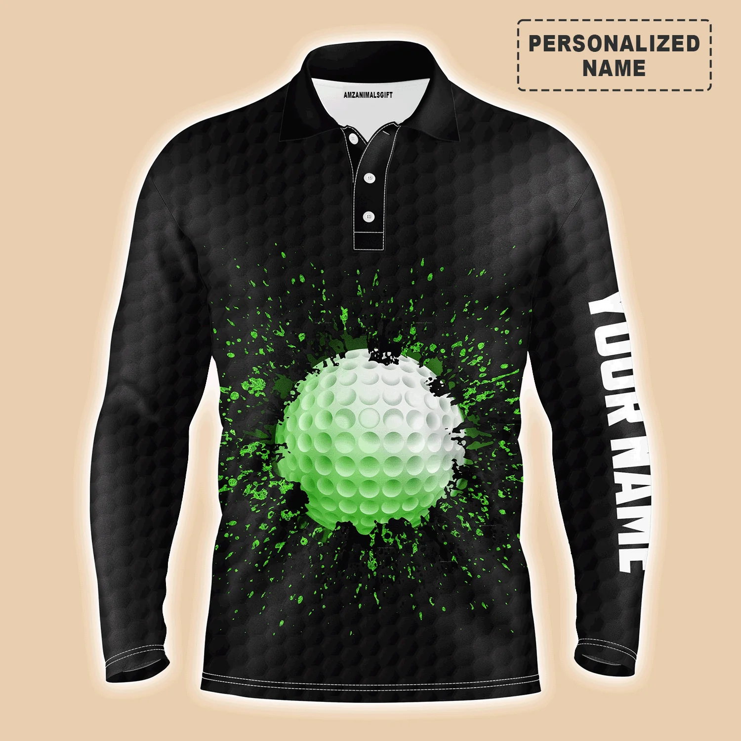 Custom Golf Long Sleeve Men Polo Shirt- Custom Name Black Splatter Apparel Men Polo Shirt - Perfect Gift For Men, Golf Lover