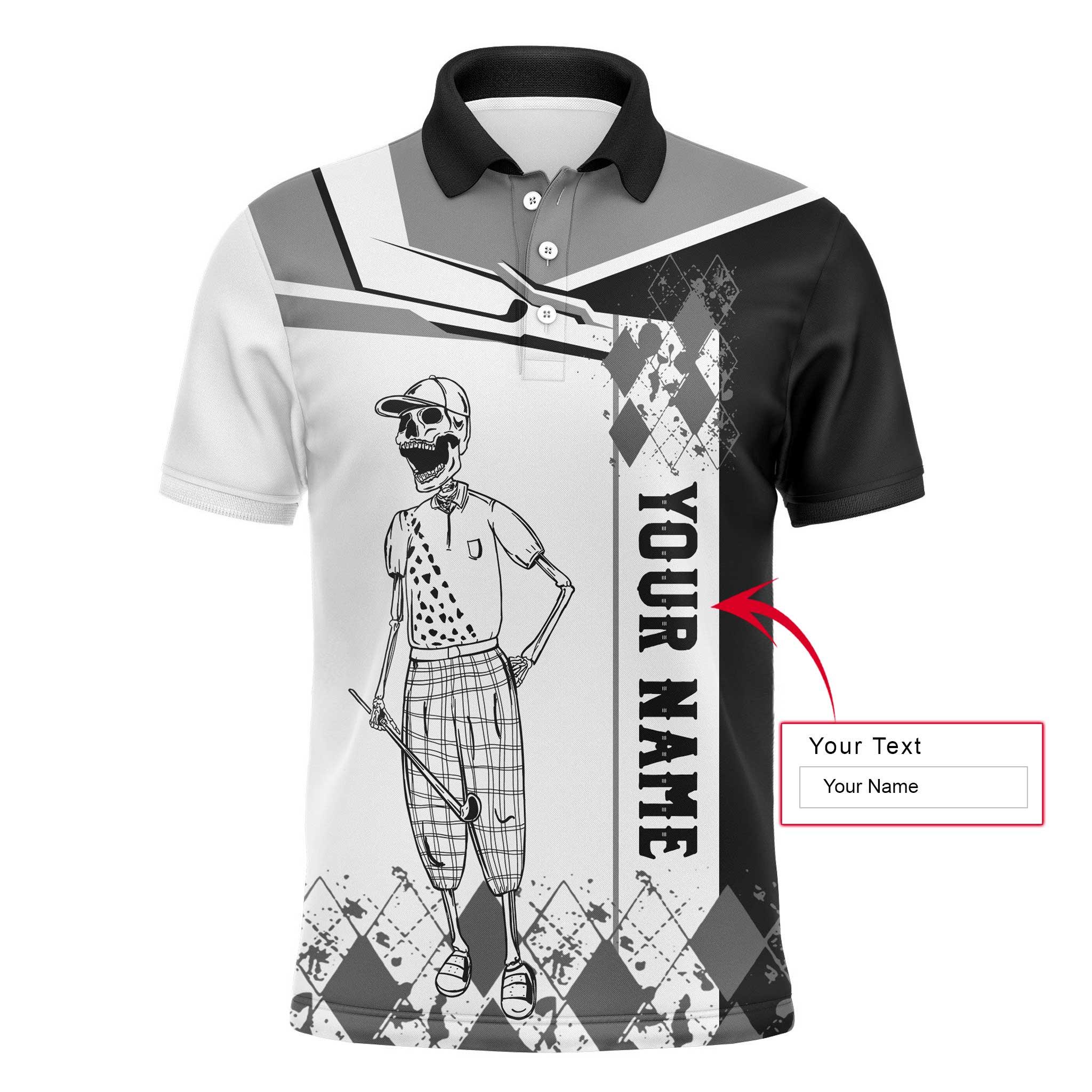 Custom Golf Long Sleeve Men Polo Shirt - Custom Name Black White Skull Apparel Men Polo Shirt - Personalized Gift For Golf Lover, Team, Golfer - Image 3
