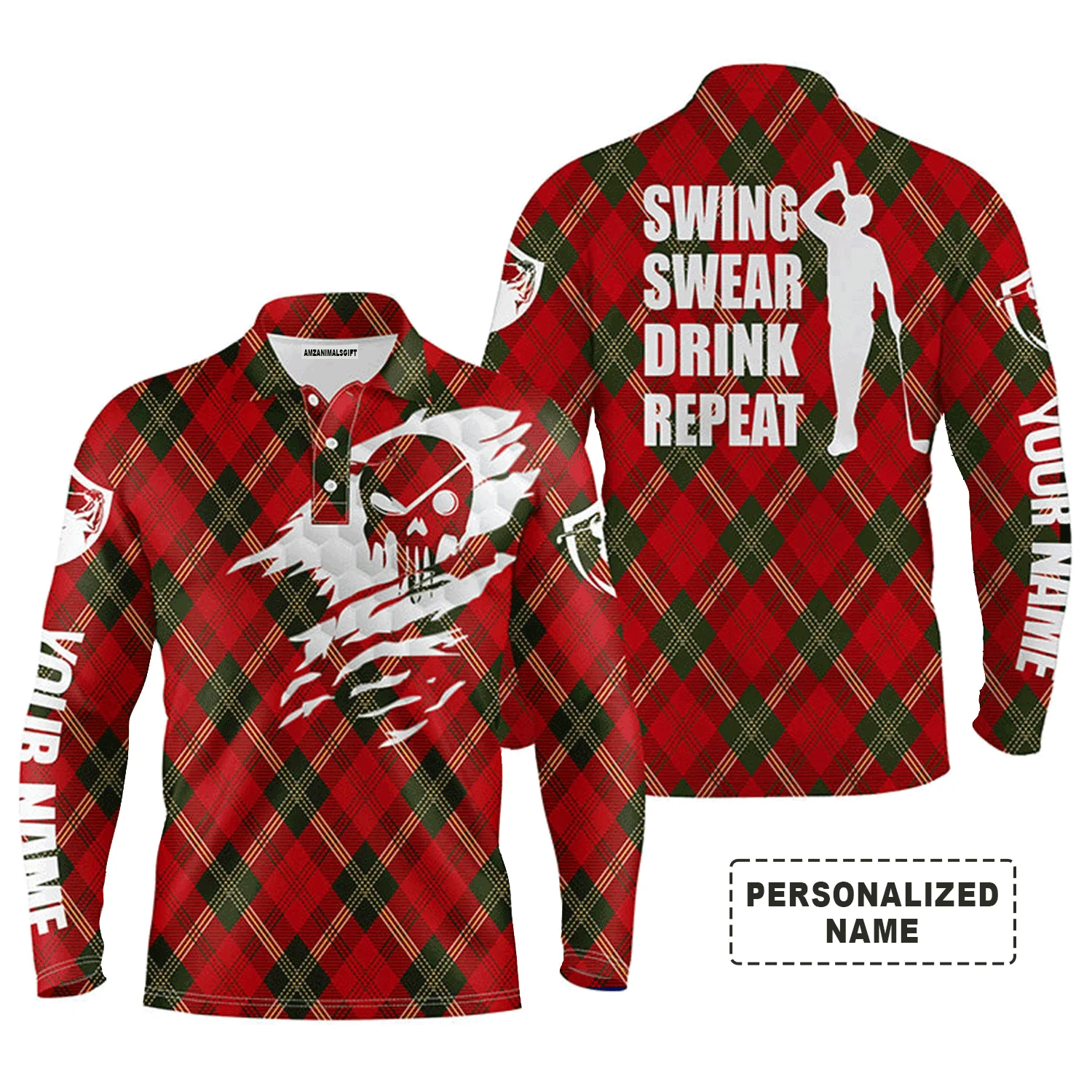 Custom Golf Long Sleeve Men Polo Shirt - Custom Name Christmas, Swing Swear Drink Repeat Men Polo Shirt - Perfect Gift For Golf Lover, Men - Image 2