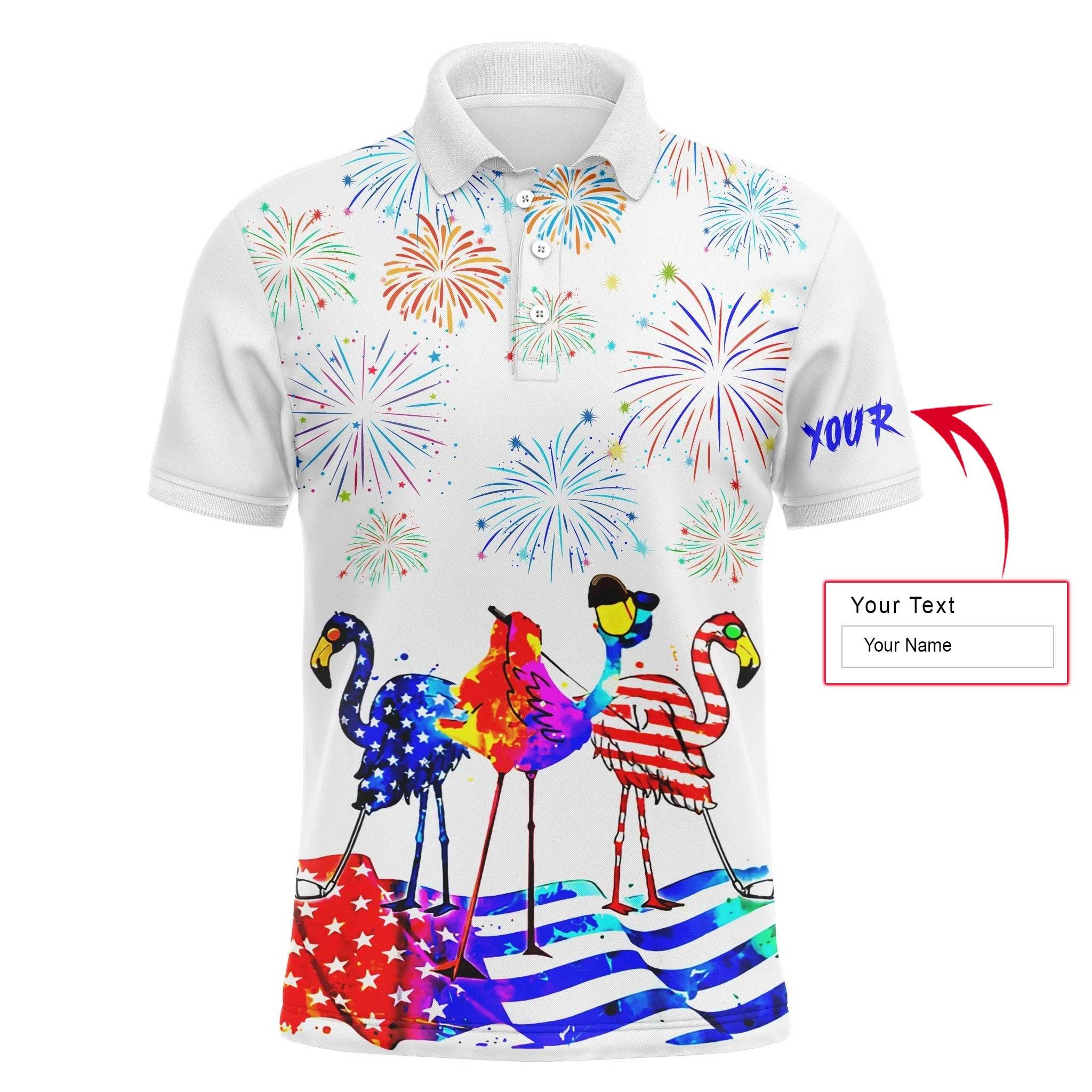 Custom Golf Long Sleeve Men Polo Shirt- Custom Name Funny Red White Blue Flamingo American flag - Perfect Gift For Men,Golf Lover - Image 3