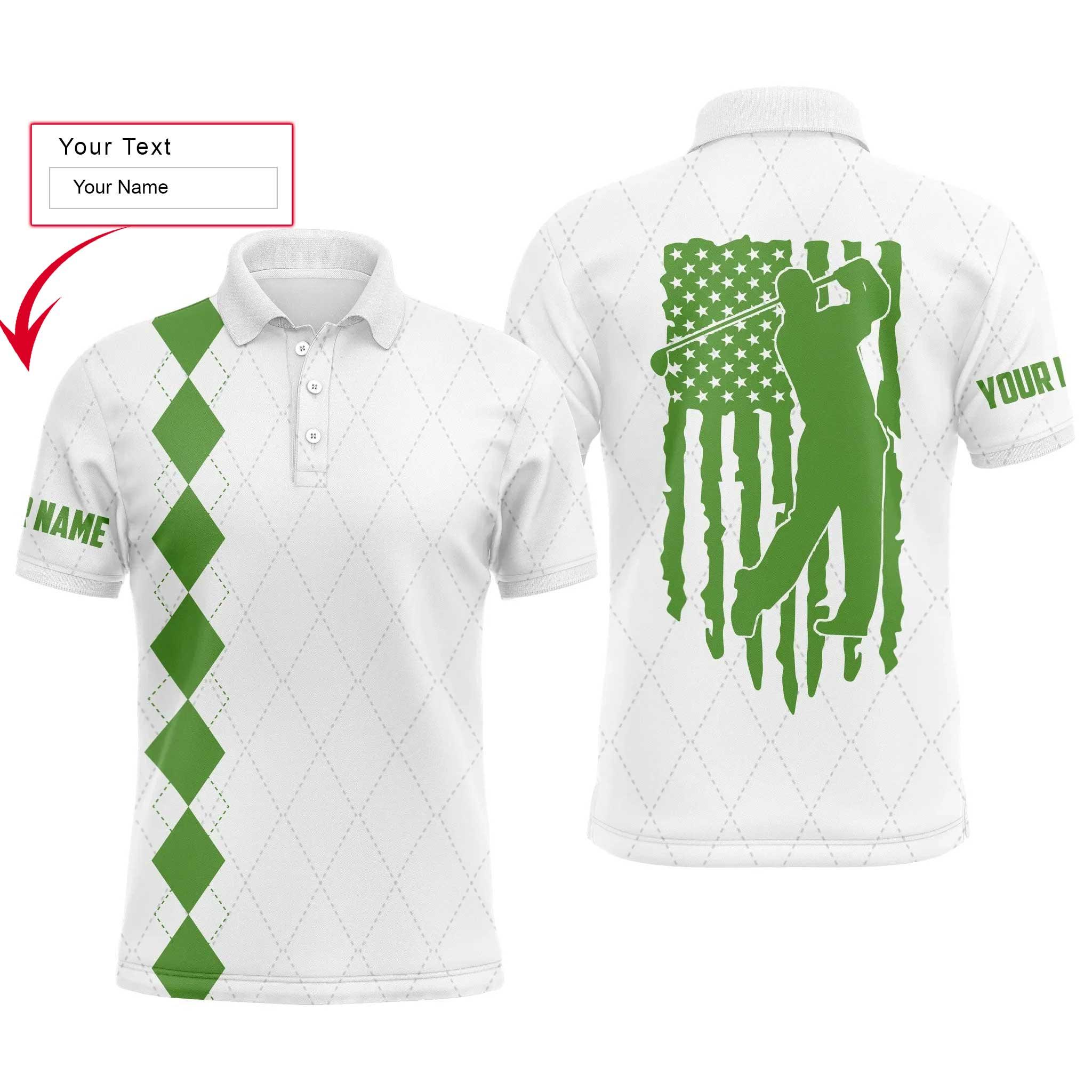 Custom Golf Long Sleeve Men Polo Shirt - Custom Name Green American Flag Apparel- Personalized Gift For Golf Lover, Team, Husband, Boyfriend, 4th July - Image 3