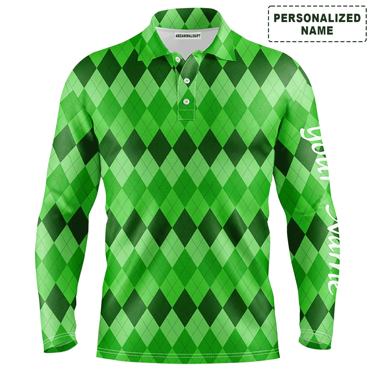 Custom Golf Long Sleeve Men Polo Shirt - Custom Name Green Argyle Pattern Apparel - Personalized Sports Gift For Men, Golf Lover - Image 2