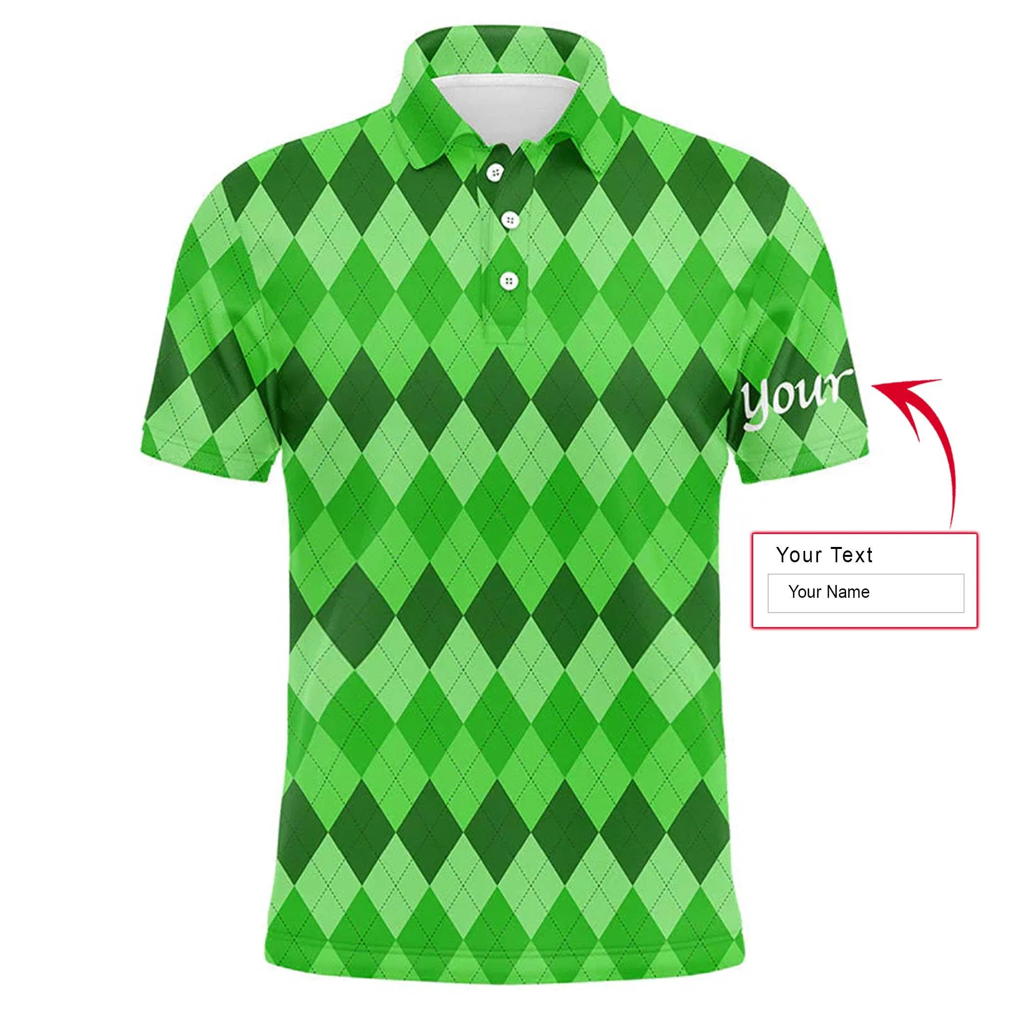 Custom Golf Long Sleeve Men Polo Shirt - Custom Name Green Argyle Pattern Apparel - Personalized Sports Gift For Men, Golf Lover - Image 3