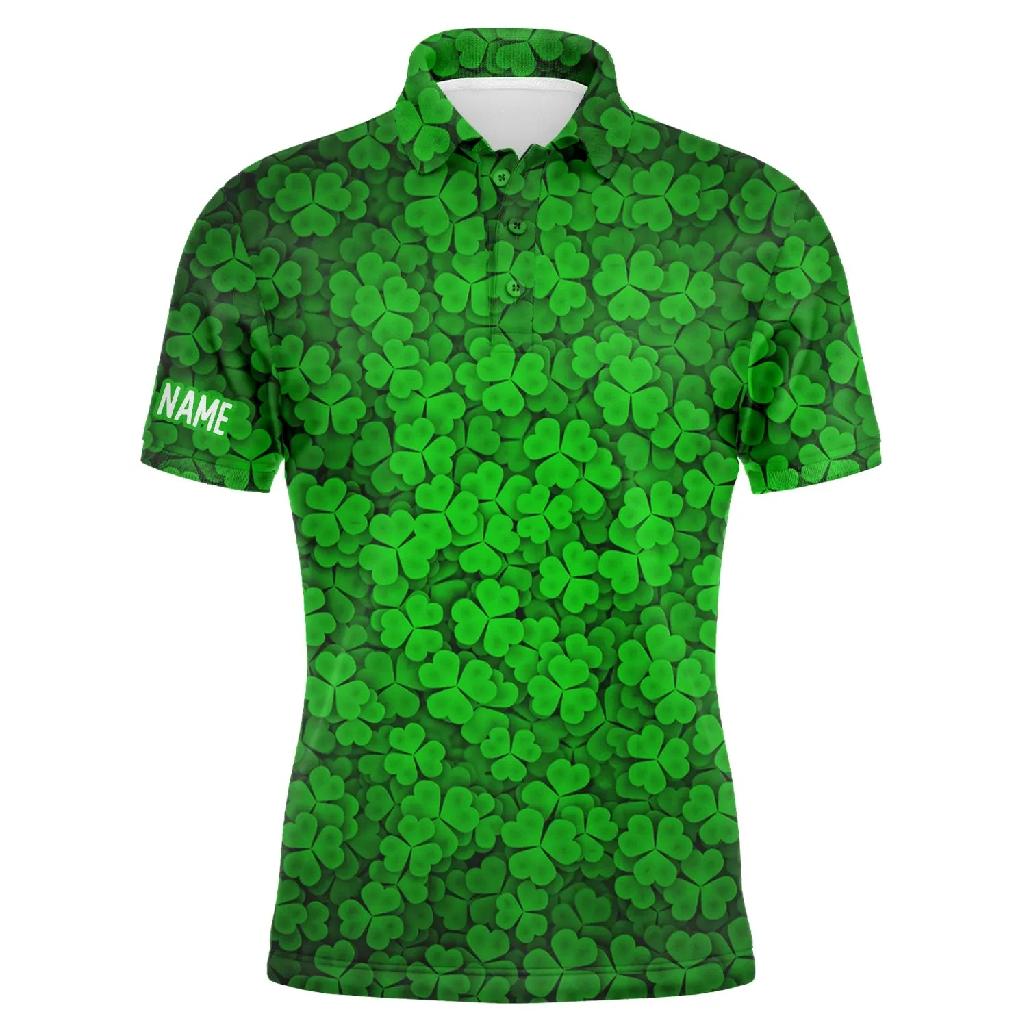 Custom Golf Long Sleeve Men Polo Shirt, Custom Name Green Clover St Patrick's Day Pattern Apparel - Perfect Gifts For Men, Golf Lovers - Image 3