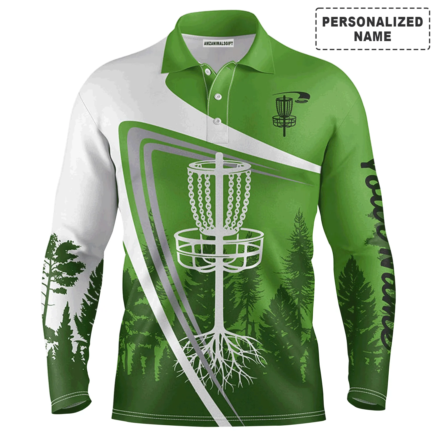 Custom Golf Long Sleeve Men Polo Shirt, Custom Name Green Disc Golf Basket Apparel - Perfect Gifts For Men, Golf Lover - Image 2