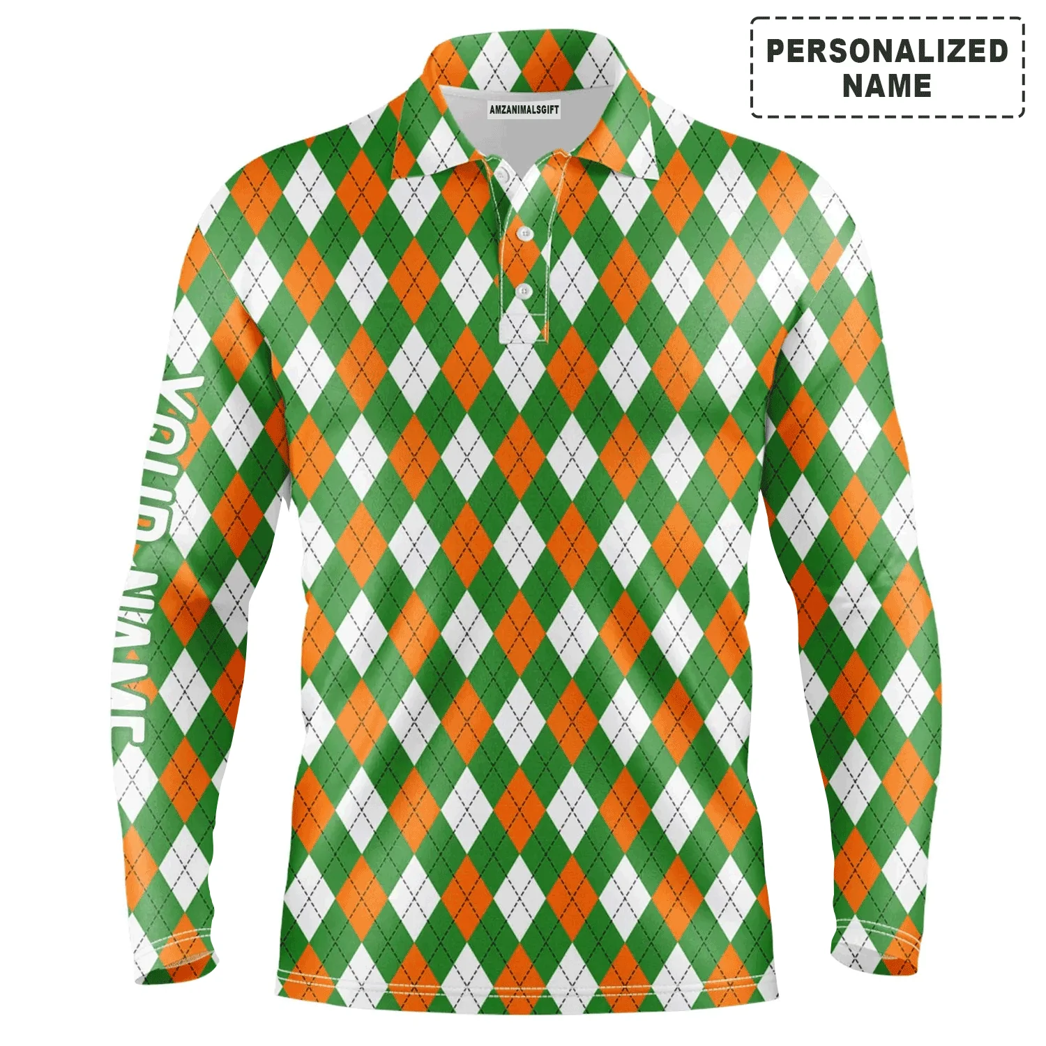 Custom Golf Long Sleeve Men Polo Shirt - Custom Name Green Orange White St. Patricks Day Argyle Plaid Pattern Apparel For Men, Golf Lover - Image 2