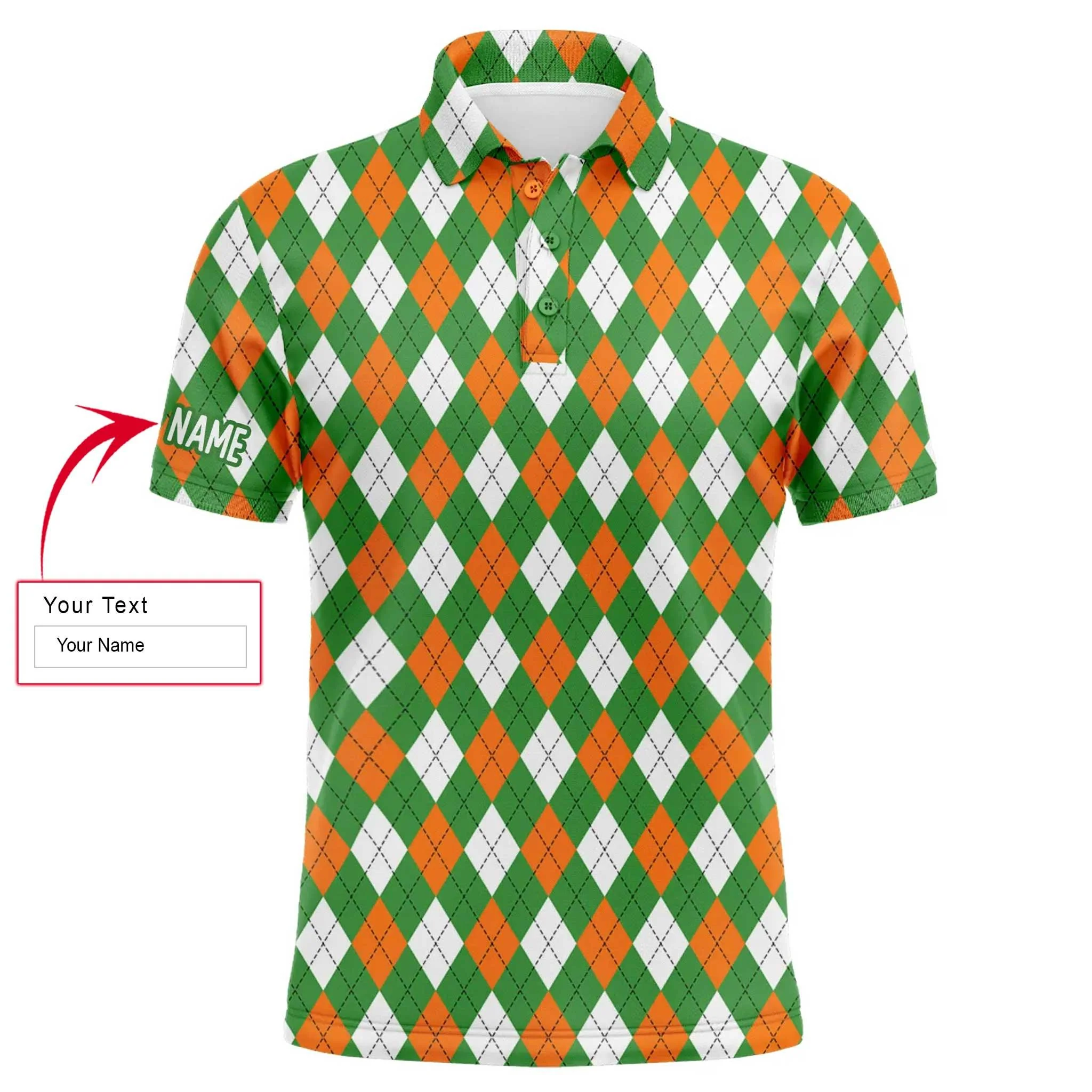 Custom Golf Long Sleeve Men Polo Shirt - Custom Name Green Orange White St. Patricks Day Argyle Plaid Pattern Apparel For Men, Golf Lover - Image 3