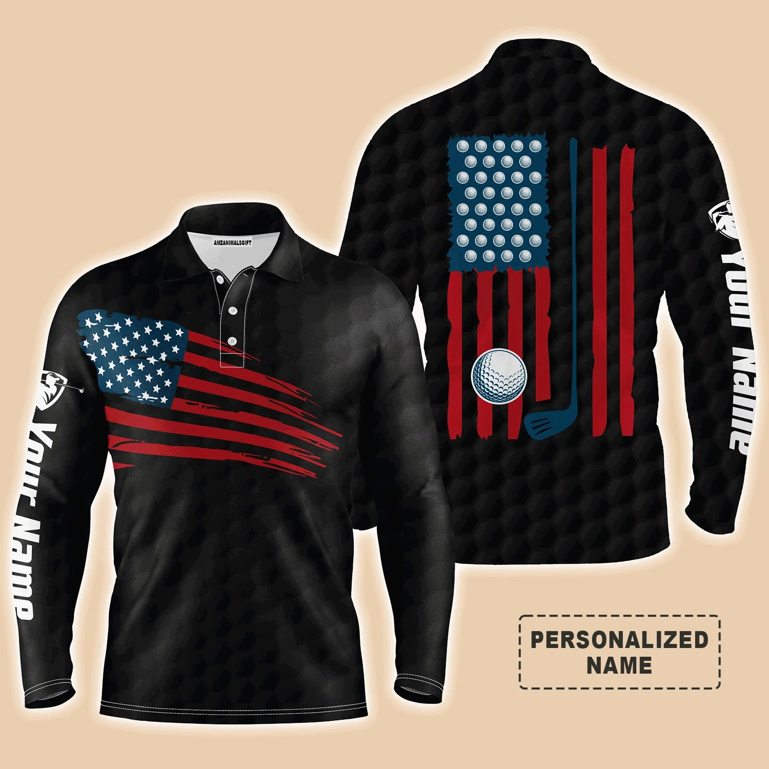 Custom Golf Long Sleeve Men Polo Shirt, Custom Name Multicolor American Flag Patriotic Apparel - Perfect Gifts For Men, Golf Lover - Image 2