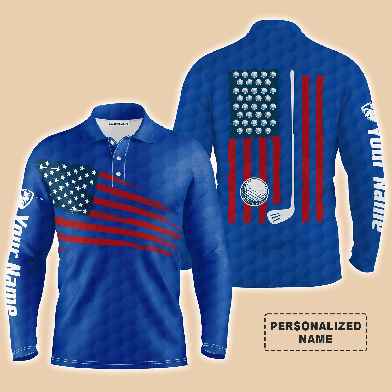 Custom Golf Long Sleeve Men Polo Shirt, Custom Name Multicolor American Flag Patriotic Apparel - Perfect Gifts For Men, Golf Lover - Image 3
