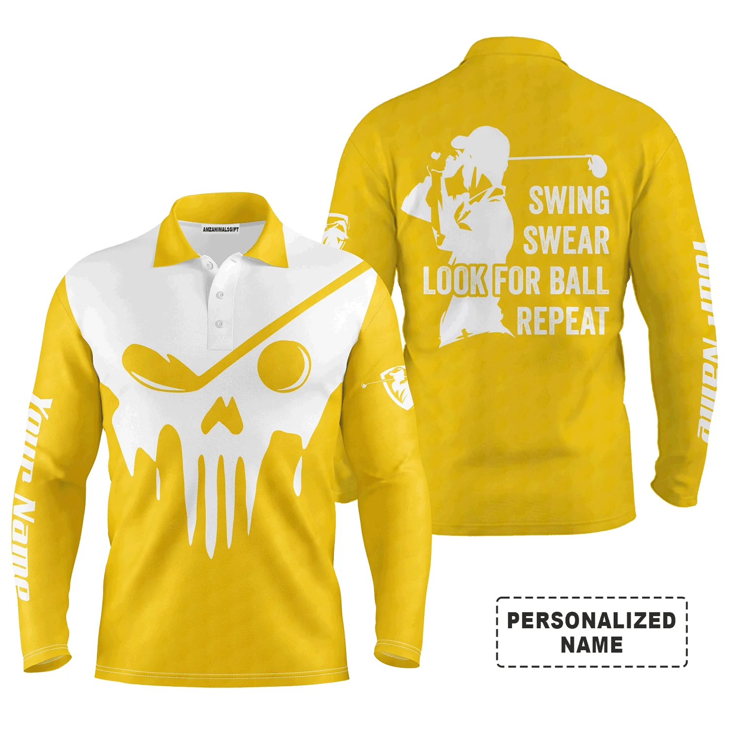 Custom Golf Long Sleeve Men Polo Shirt- Custom Name Multicolor Golf Skull - Swing Swear Look For Ball Repeat Men Polo Shirt For Golf Lover - Image 14