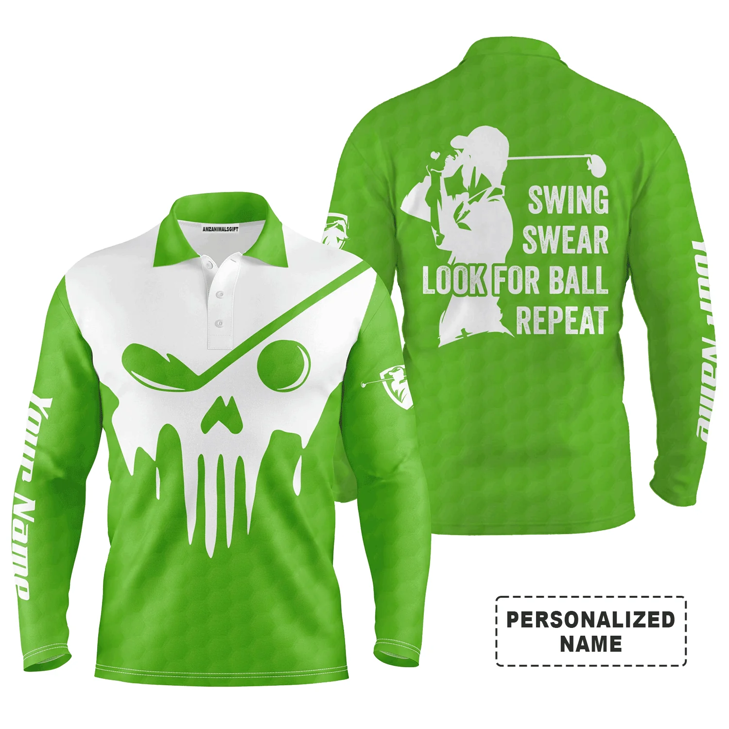Custom Golf Long Sleeve Men Polo Shirt- Custom Name Multicolor Golf Skull - Swing Swear Look For Ball Repeat Men Polo Shirt For Golf Lover - Image 15