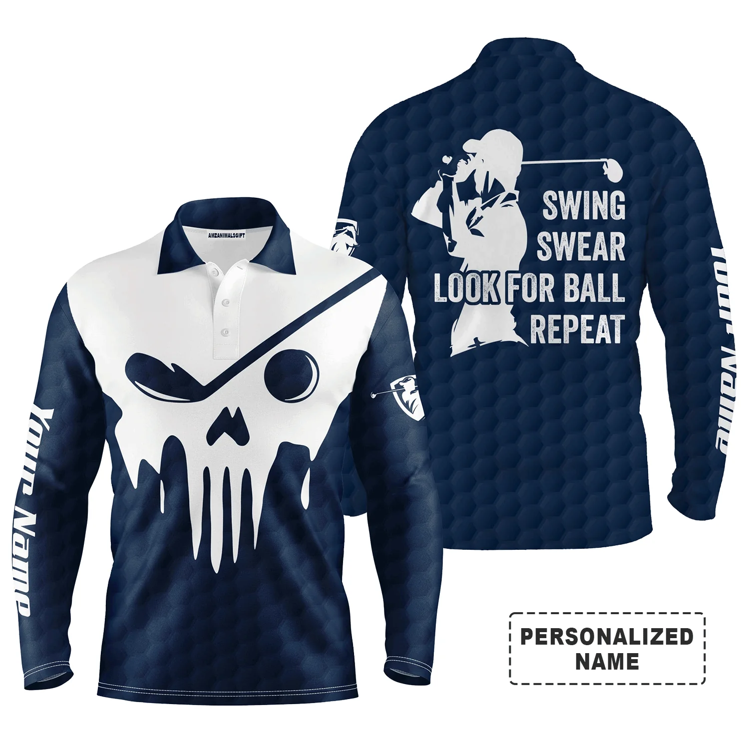 Custom Golf Long Sleeve Men Polo Shirt- Custom Name Multicolor Golf Skull - Swing Swear Look For Ball Repeat Men Polo Shirt For Golf Lover - Image 16