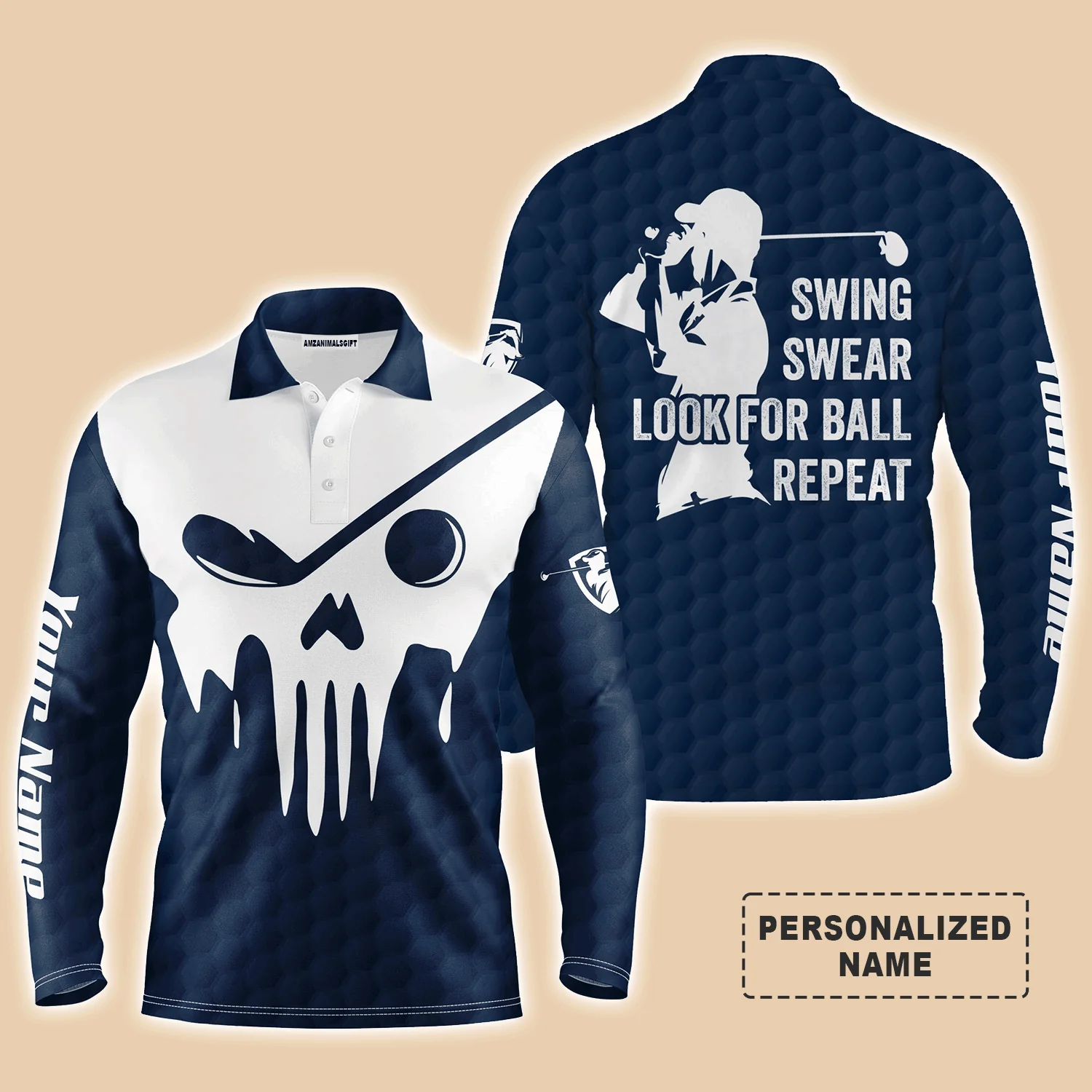 Custom Golf Long Sleeve Men Polo Shirt- Custom Name Multicolor Golf Skull - Swing Swear Look For Ball Repeat Men Polo Shirt For Golf Lover - Image 2