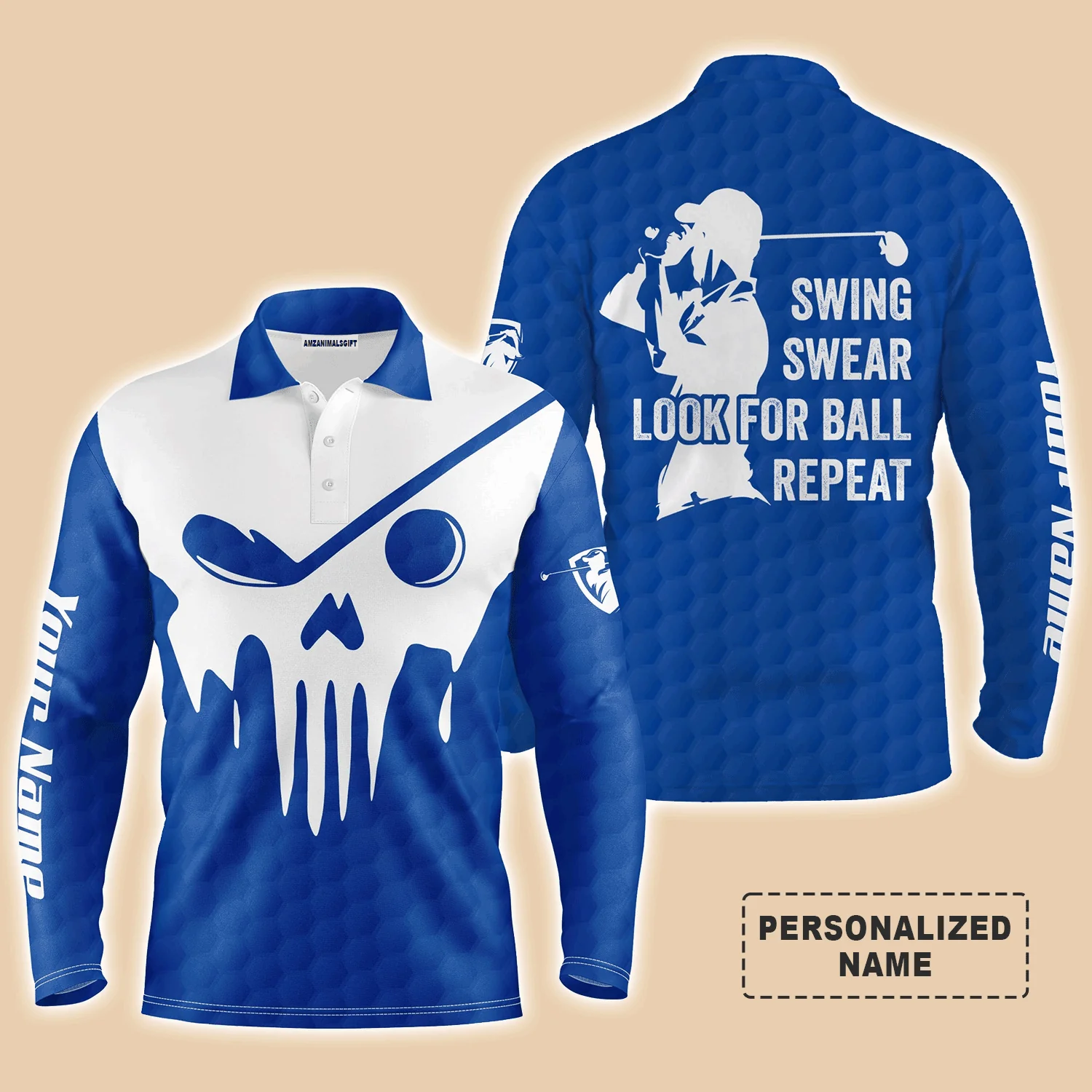 Custom Golf Long Sleeve Men Polo Shirt- Custom Name Multicolor Golf Skull - Swing Swear Look For Ball Repeat Men Polo Shirt For Golf Lover - Image 3