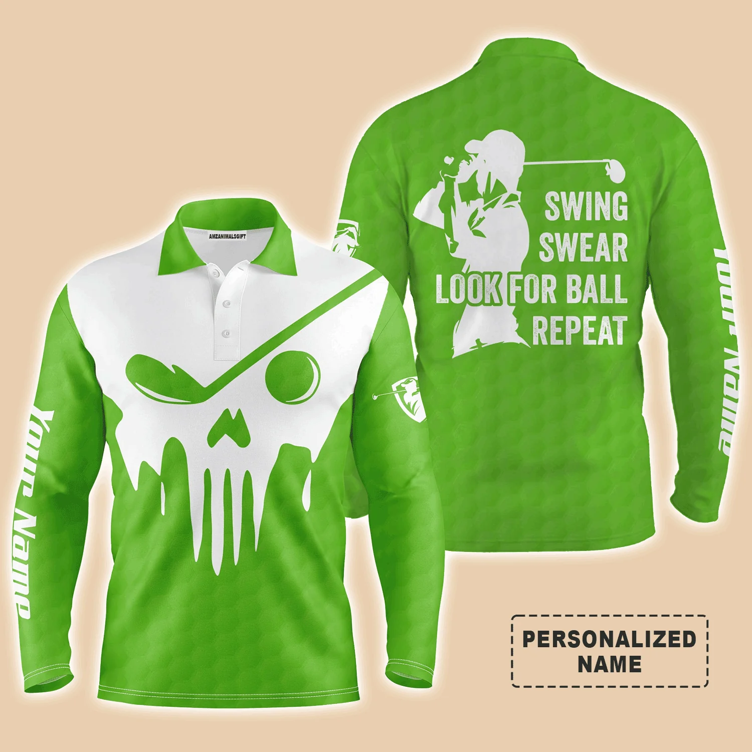 Custom Golf Long Sleeve Men Polo Shirt- Custom Name Multicolor Golf Skull - Swing Swear Look For Ball Repeat Men Polo Shirt For Golf Lover - Image 4