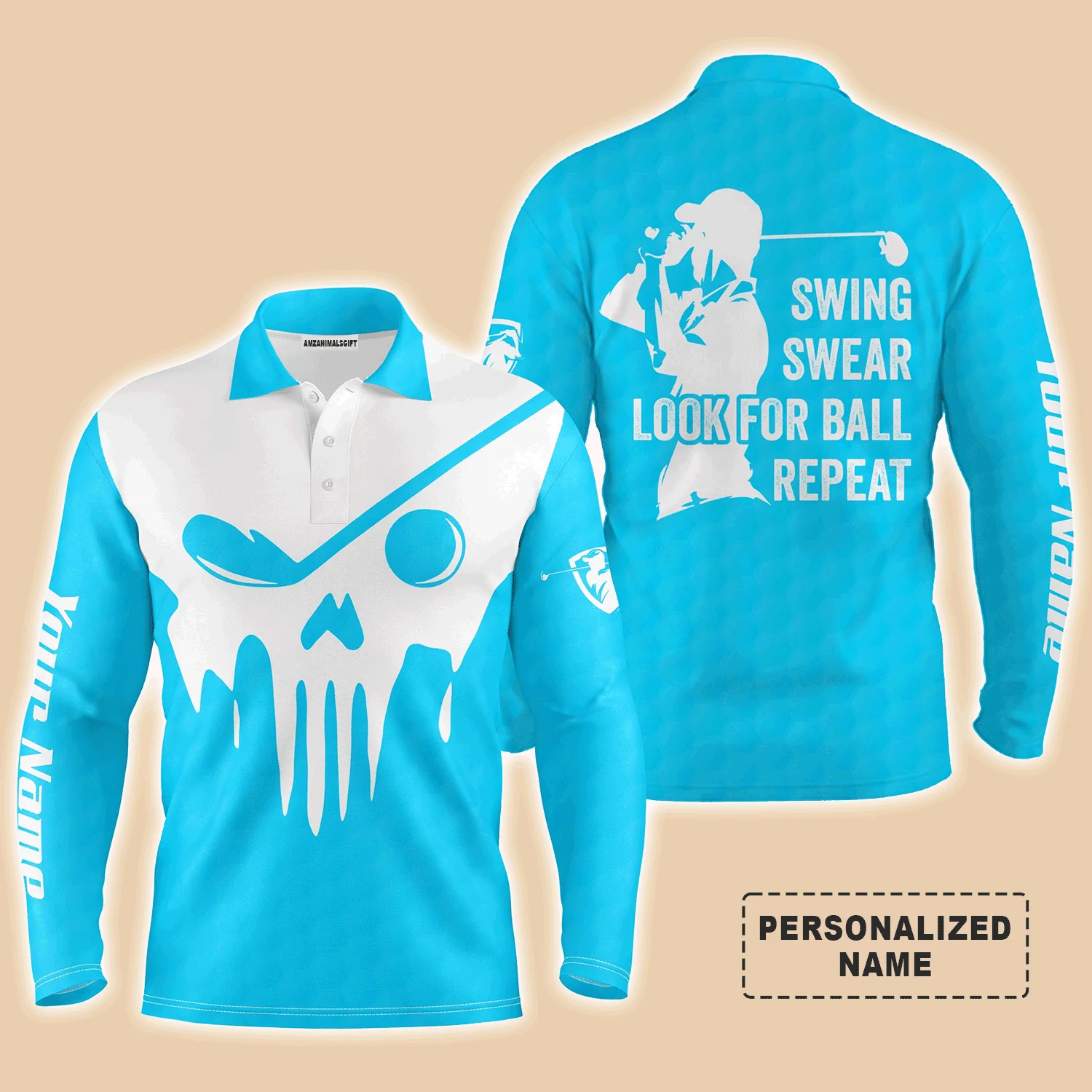 Custom Golf Long Sleeve Men Polo Shirt- Custom Name Multicolor Golf Skull - Swing Swear Look For Ball Repeat Men Polo Shirt For Golf Lover - Image 5