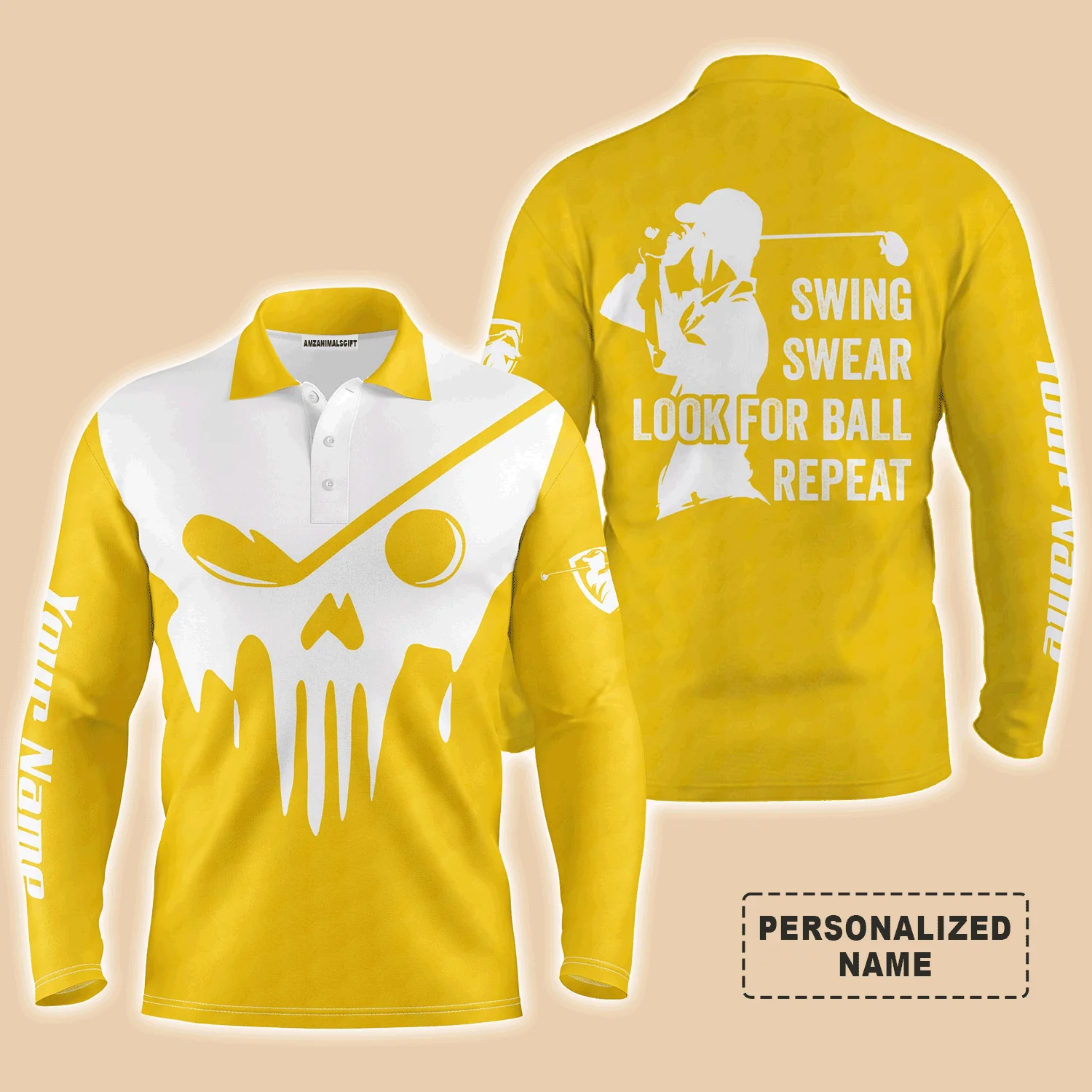 Custom Golf Long Sleeve Men Polo Shirt- Custom Name Multicolor Golf Skull - Swing Swear Look For Ball Repeat Men Polo Shirt For Golf Lover - Image 6