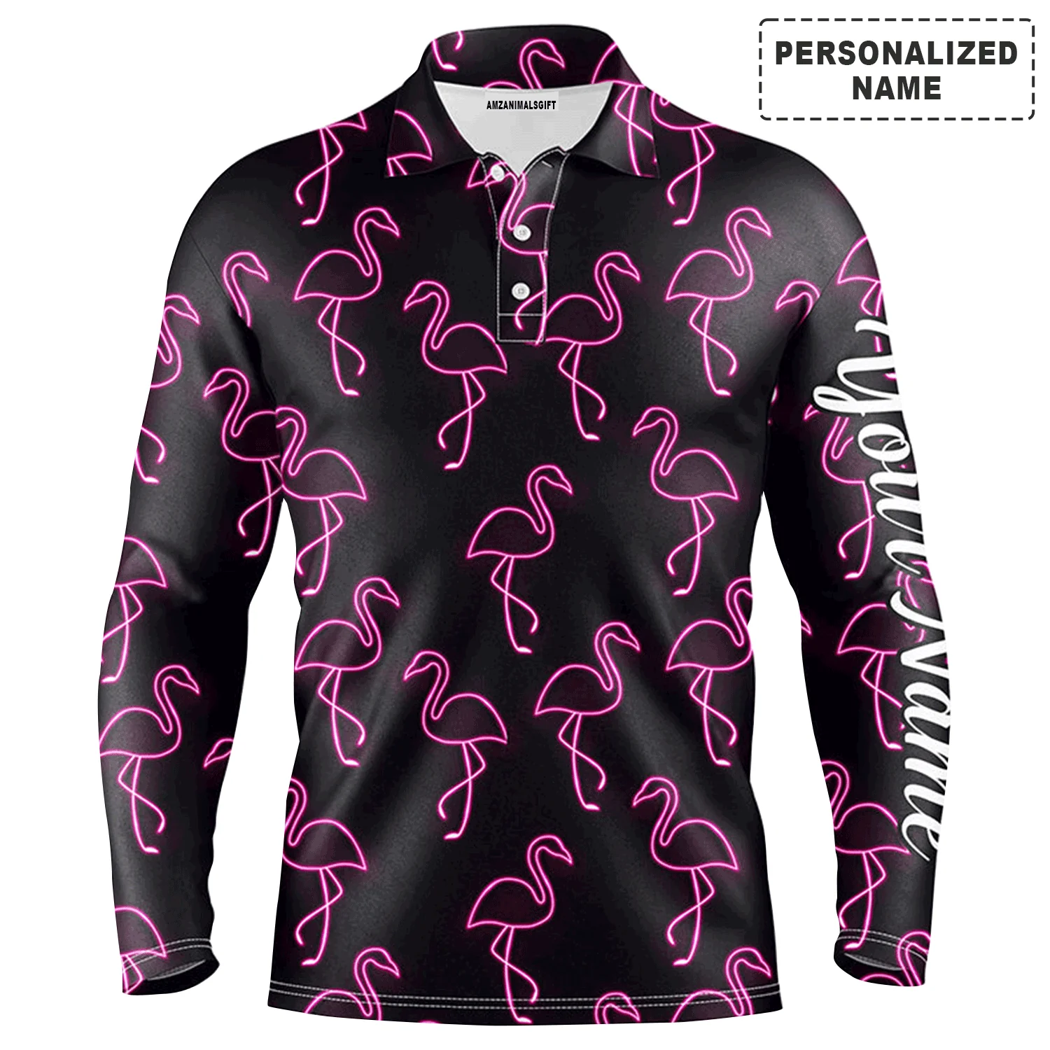 Custom Golf Long Sleeve Men Polo Shirt - Custom Name Neon Pink Flamingos Pattern Apparel Polo Shirt - Personalized Gift For Golf Lover, Team, Husband - Image 2