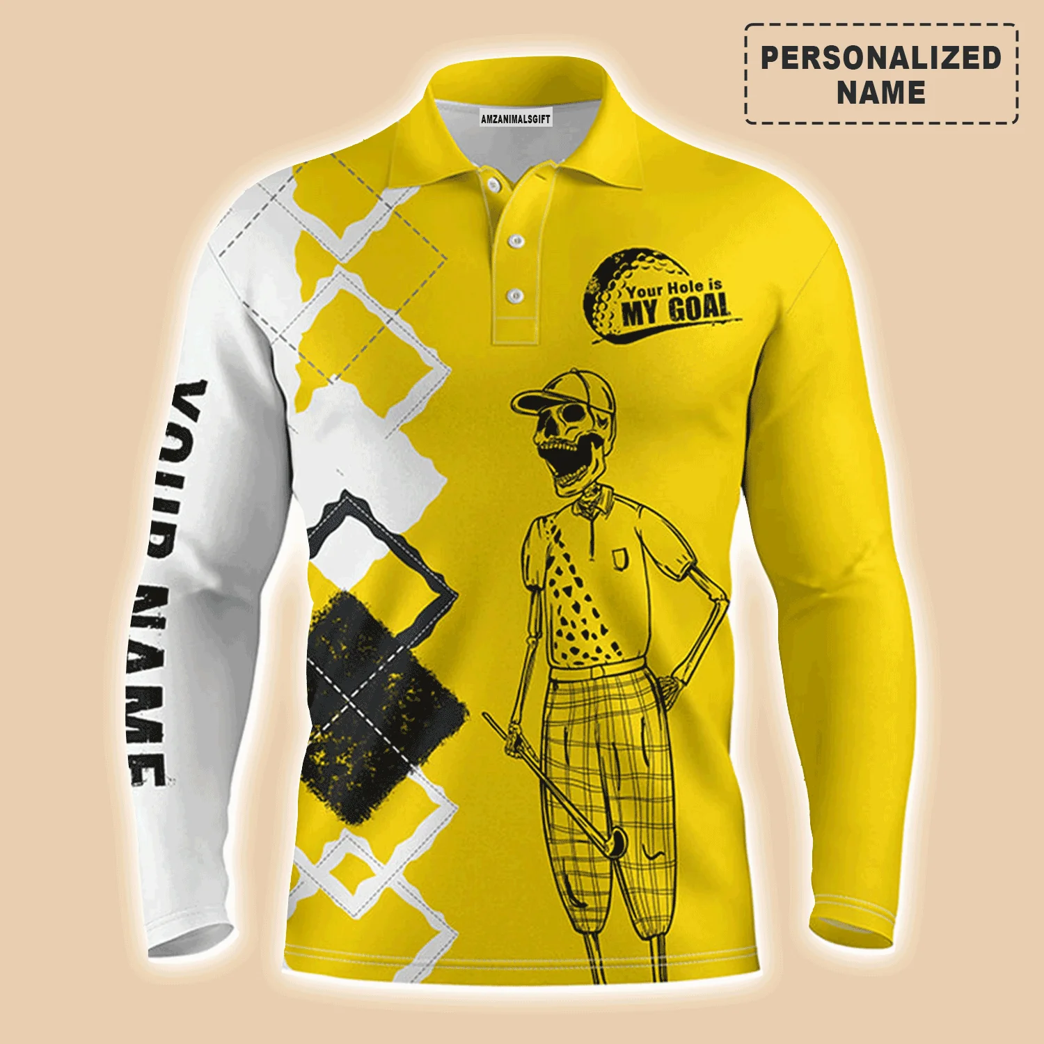 Custom Golf Long Sleeve Men Polo Shirt - Custom Name Skull Apparel - Your Hole Is My Goal Men Polo Shirt - Perfect Polo Shirt For Men, Golfers - Image 2