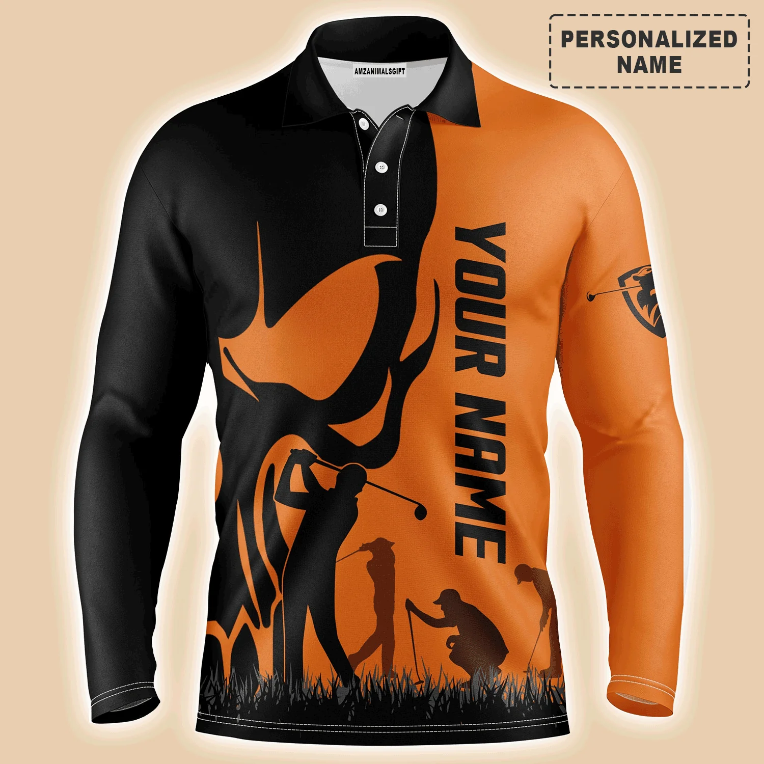 Custom Golf Long Sleeve Men Polo Shirt, Custom Name Skull Golf Ball Skin Apparel Men Golf Polo Shirt - Perfect Gift For Men, Golf Lovers - Image 3
