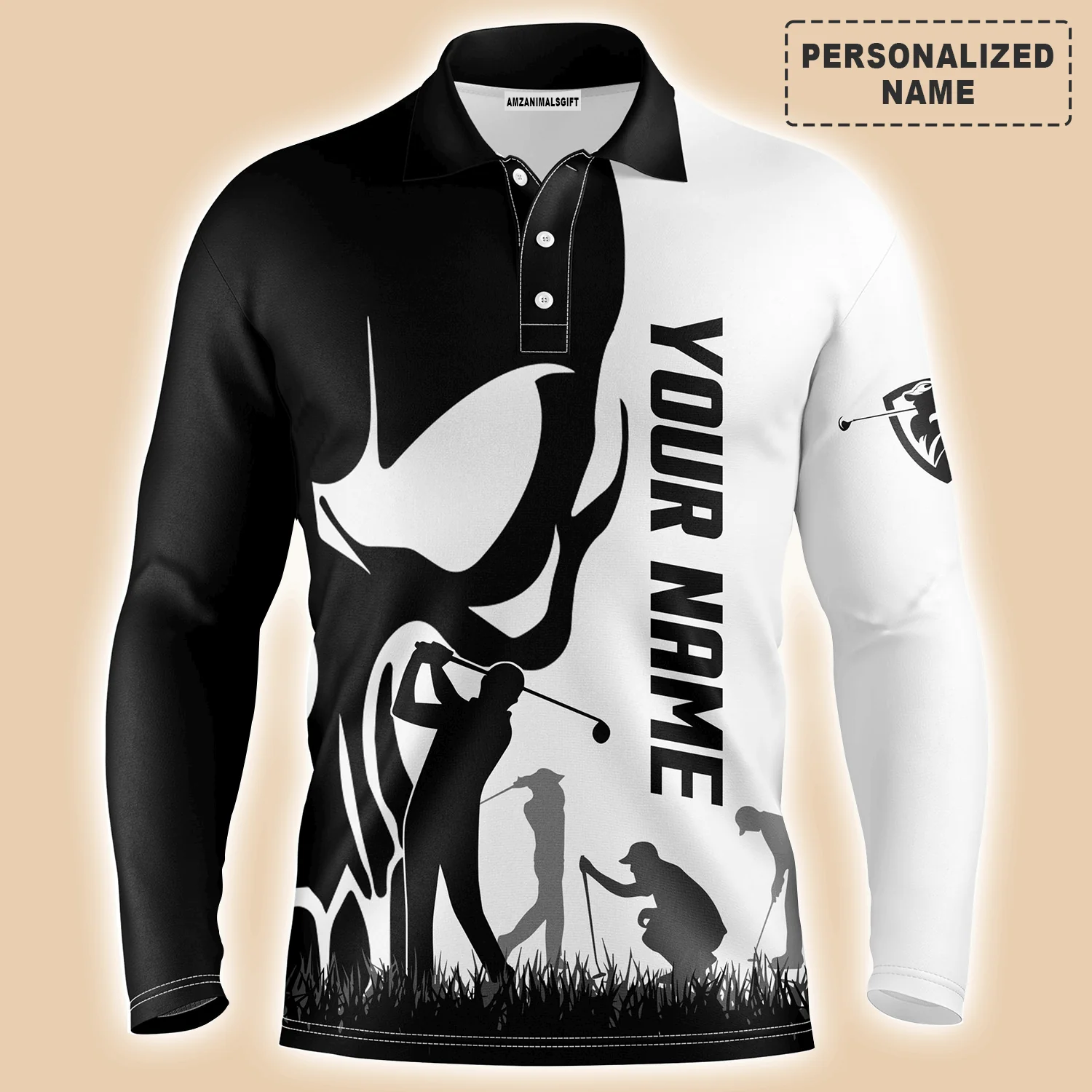 Custom Golf Long Sleeve Men Polo Shirt, Custom Name Skull Golf Ball Skin Apparel Men Golf Polo Shirt - Perfect Gift For Men, Golf Lovers - Image 5