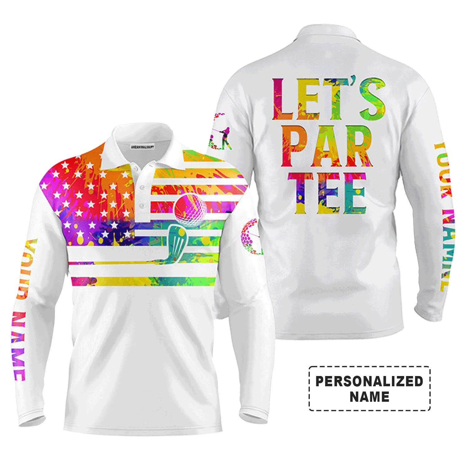 Custom Golf Long Sleeve Men Polo Shirt - Custom Name Watercolor American Flag White Apparel, Let’s Par Tee Men Golf Polo Shirt - Image 2