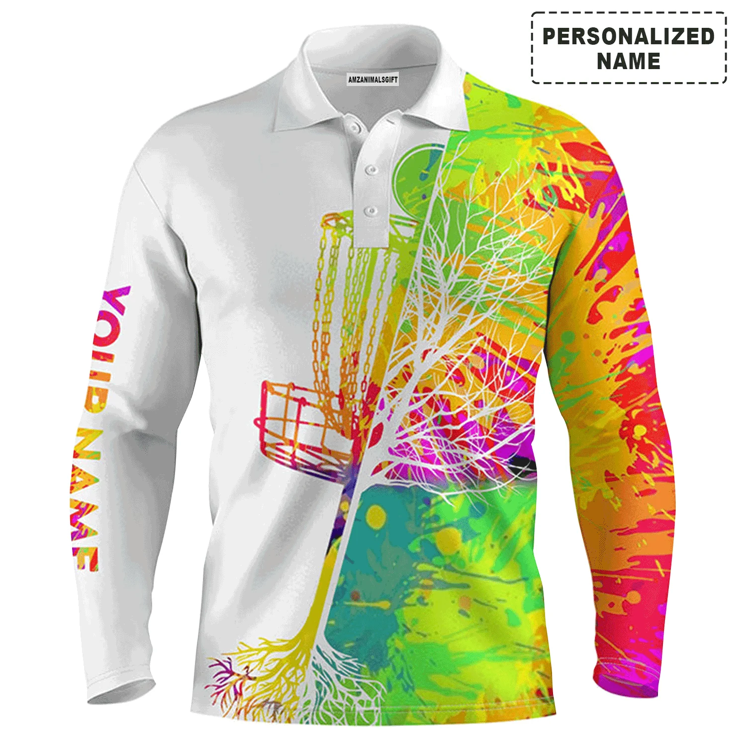Custom Golf Long Sleeve Men Polo Shirt, Custom Name Watercolor Disc Golf Basket Apparel,Personalized Sports Gift For Men, Golf Lover - Image 2