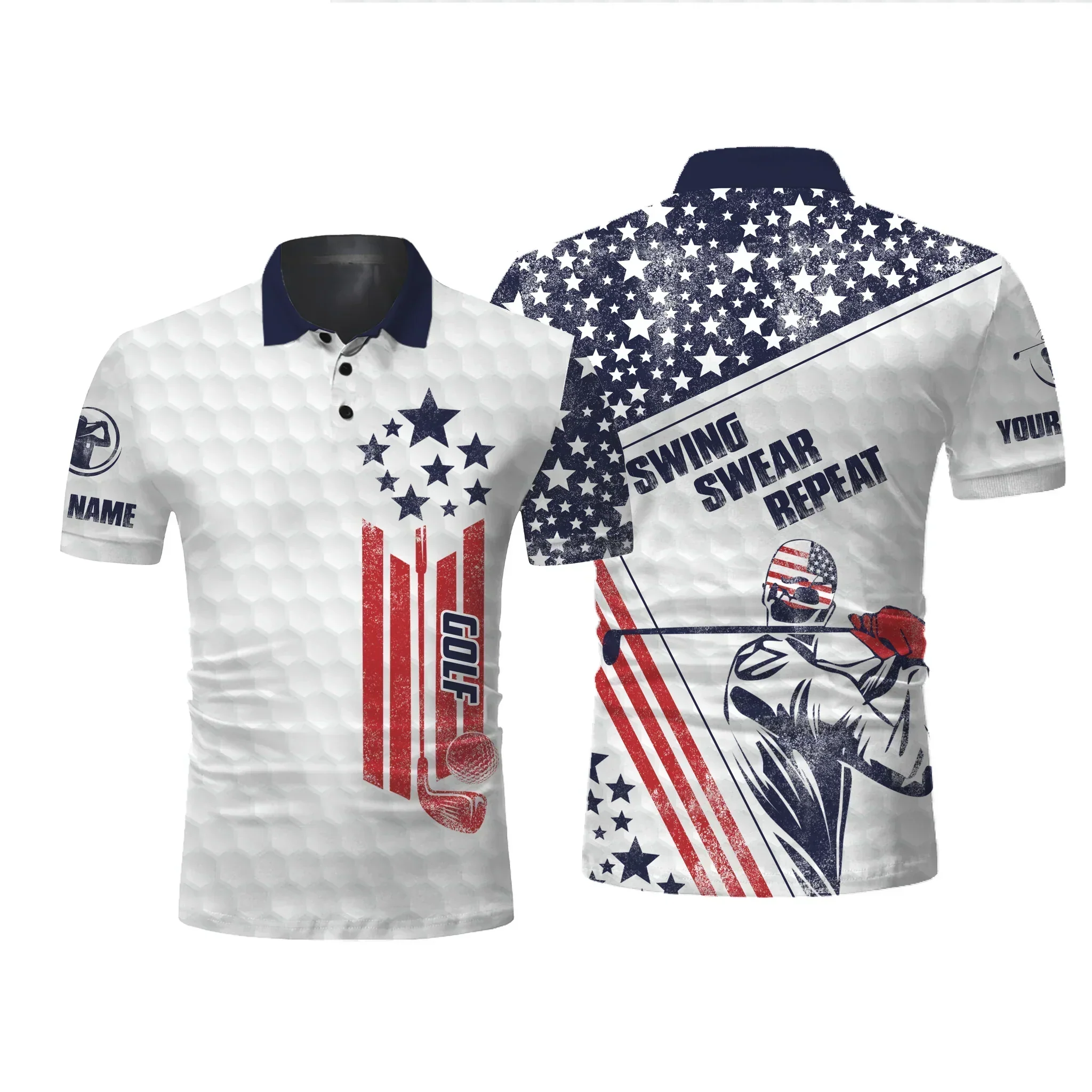 Custom Golf Long Sleeve Men Polo Shirt, Custom Name White American Flag Swing Swear Repeat Apparel- Perfect Gift For men, Golf Lover - Image 3
