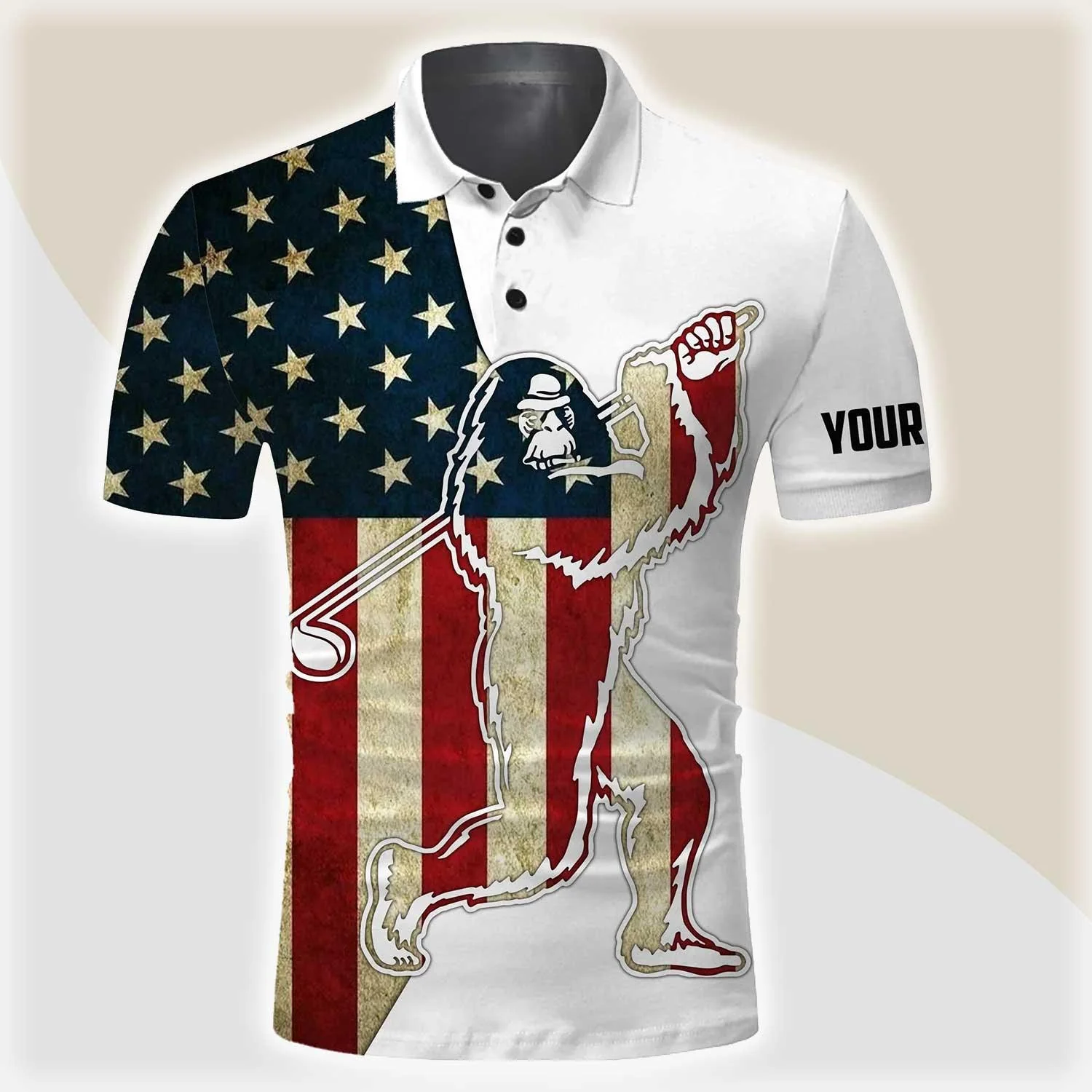 Custom Golf Long Sleeve Men Polo Shirt- Funny Bigfoot Golf Polo Shirts, Camo Pattern Sasquatch Playing Golf Apparel Men Polo Shirt For Golf Lover - Image 2