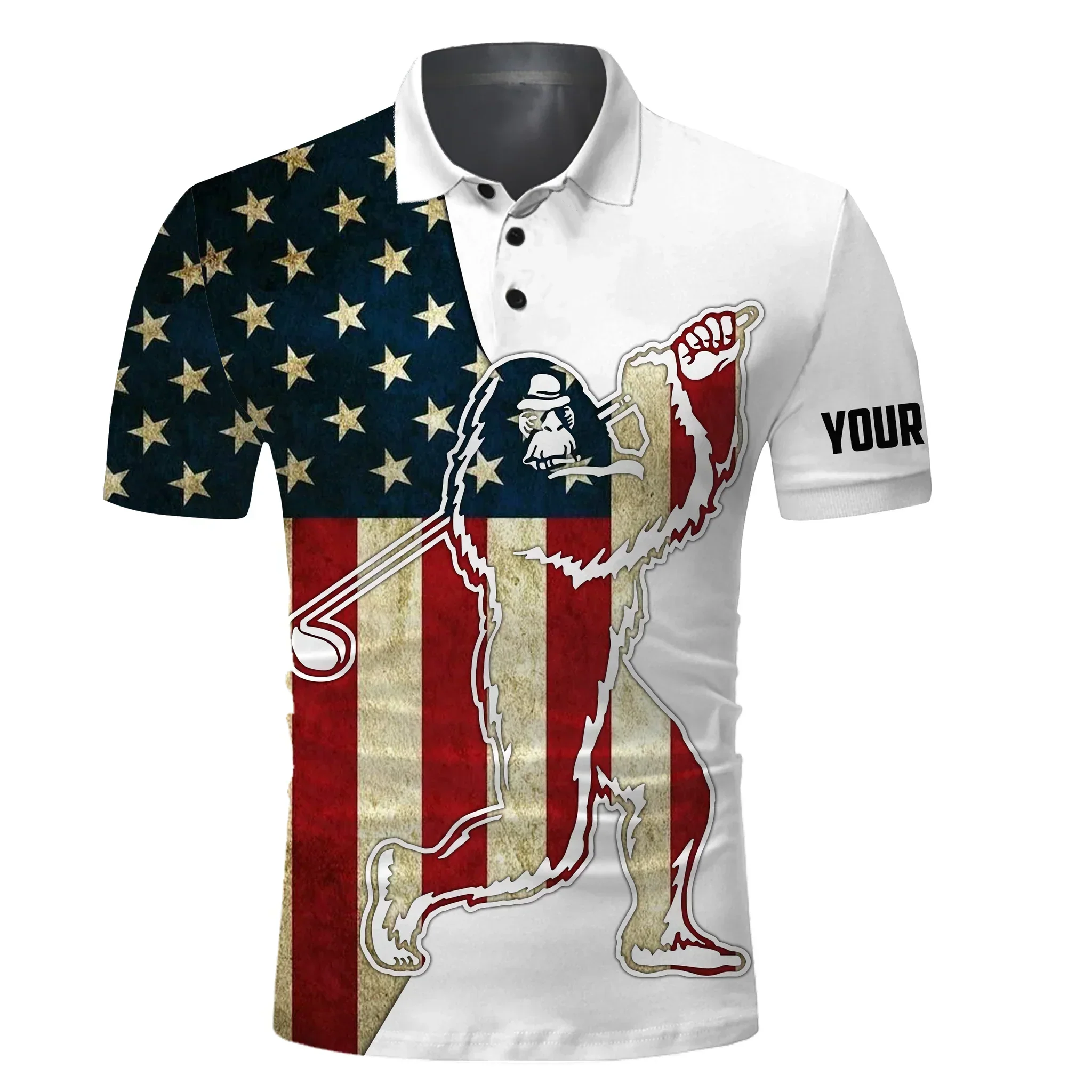 Custom Golf Long Sleeve Men Polo Shirt- Funny Bigfoot Golf Polo Shirts, Camo Pattern Sasquatch Playing Golf Apparel Men Polo Shirt For Golf Lover - Image 3