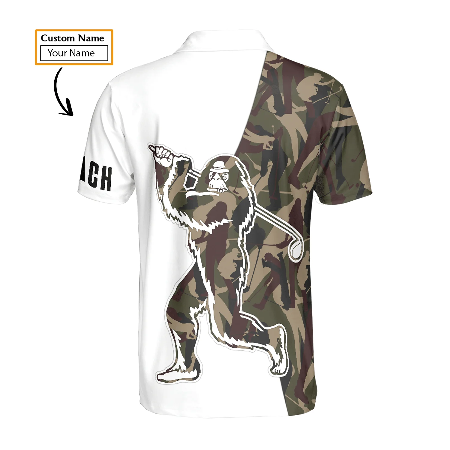 Custom Golf Long Sleeve Men Polo Shirt- Funny Bigfoot Golf Polo Shirts, Camo Pattern Sasquatch Playing Golf Men Polo Shirt For Golf Lover - Image 6