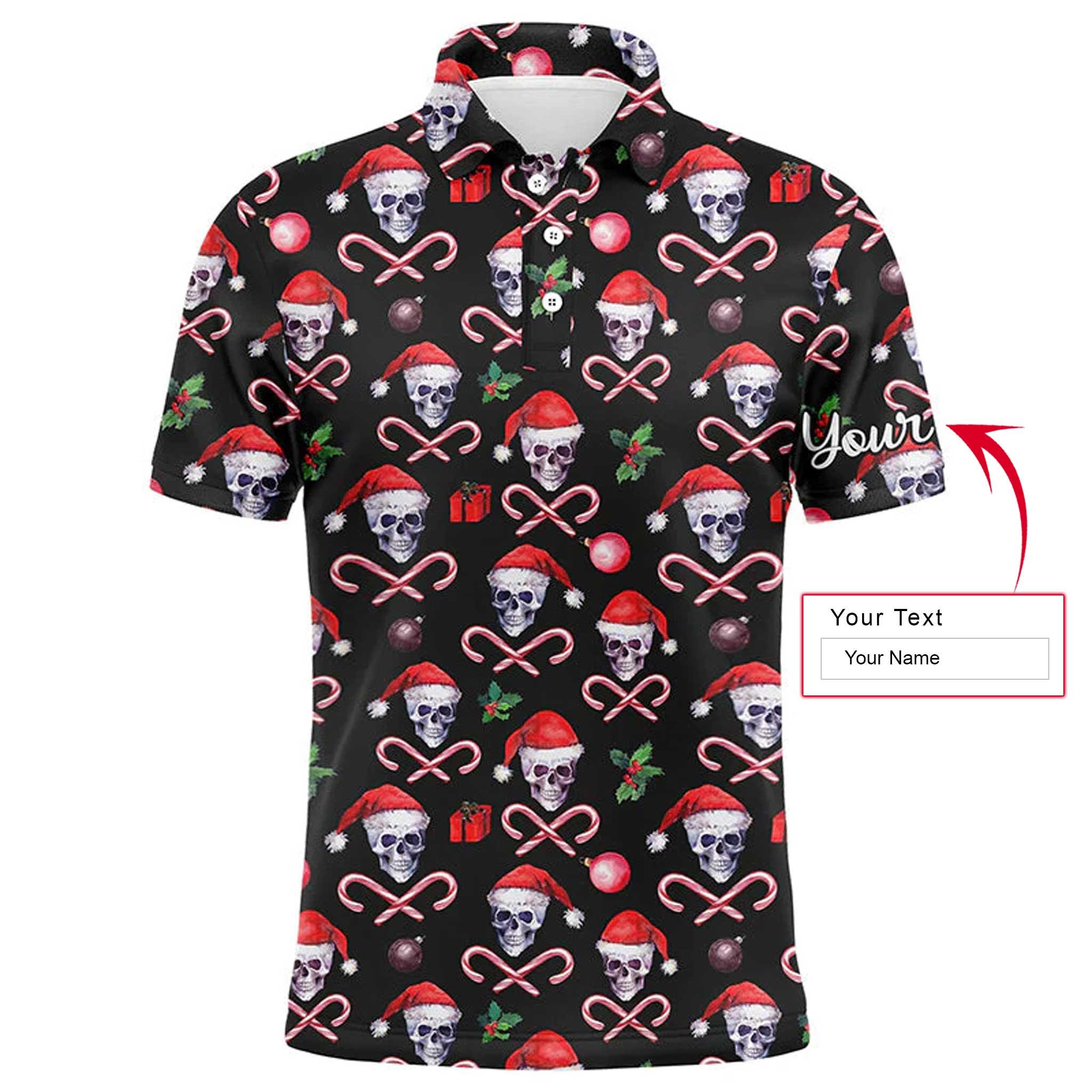 Custom Golf Long Sleeve Men Polo Shirt- Funny Black Christmas Skull Pattern Custom Name Apparel Men Polo Shirt- Personalized Gift For Golf Lover, Team - Image 3