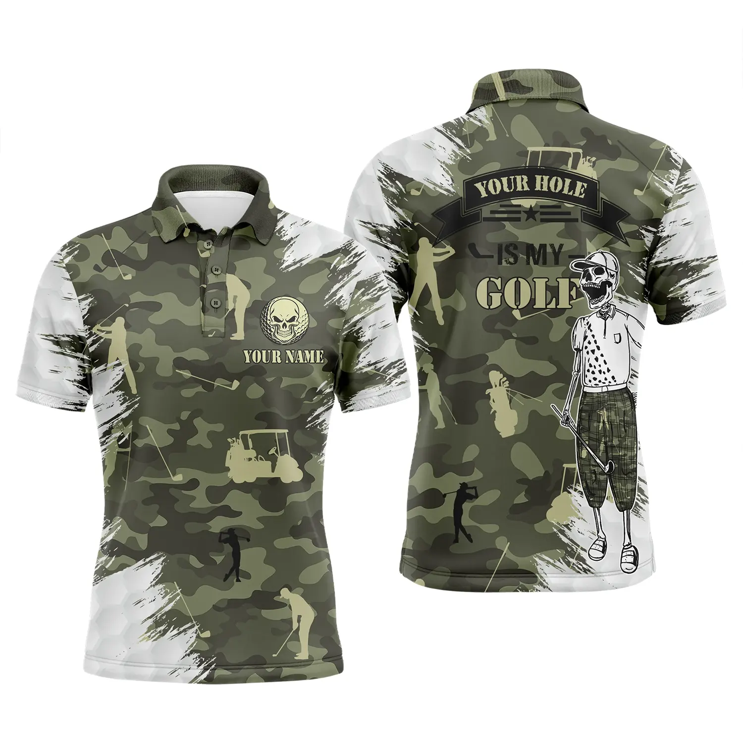 Custom Golf Long Sleeve Men Polo Shirt- Funny Skull Green Camo Custom Name Apparel, Your Hole Is My Goal Polo Shirt - Personalized Gift For Golf Lover - Image 4