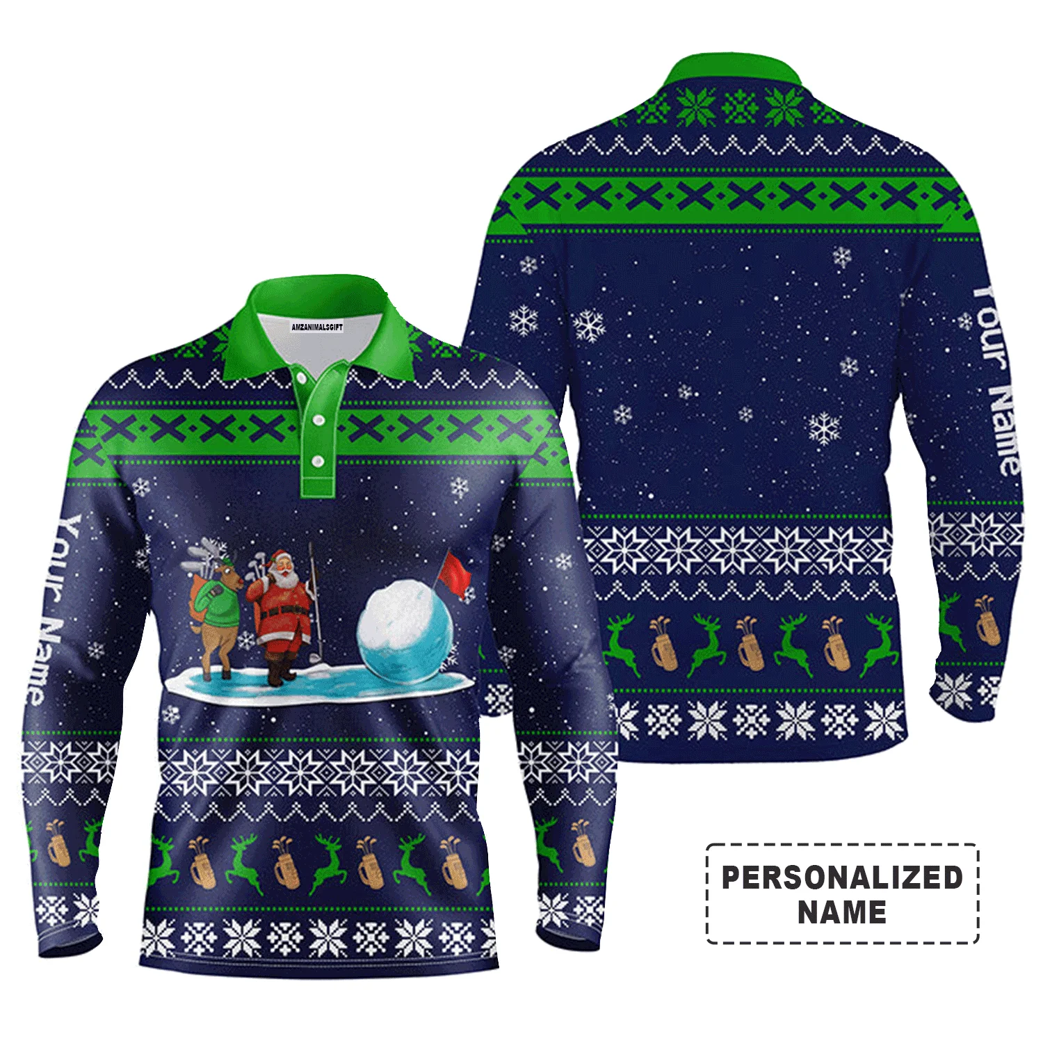 Custom Golf Long Sleeve Men Polo Shirt - Funny Ugly Christmas Pattern Custom Name Apparel - Personalized Gift For Men, Golf Lover - Image 2