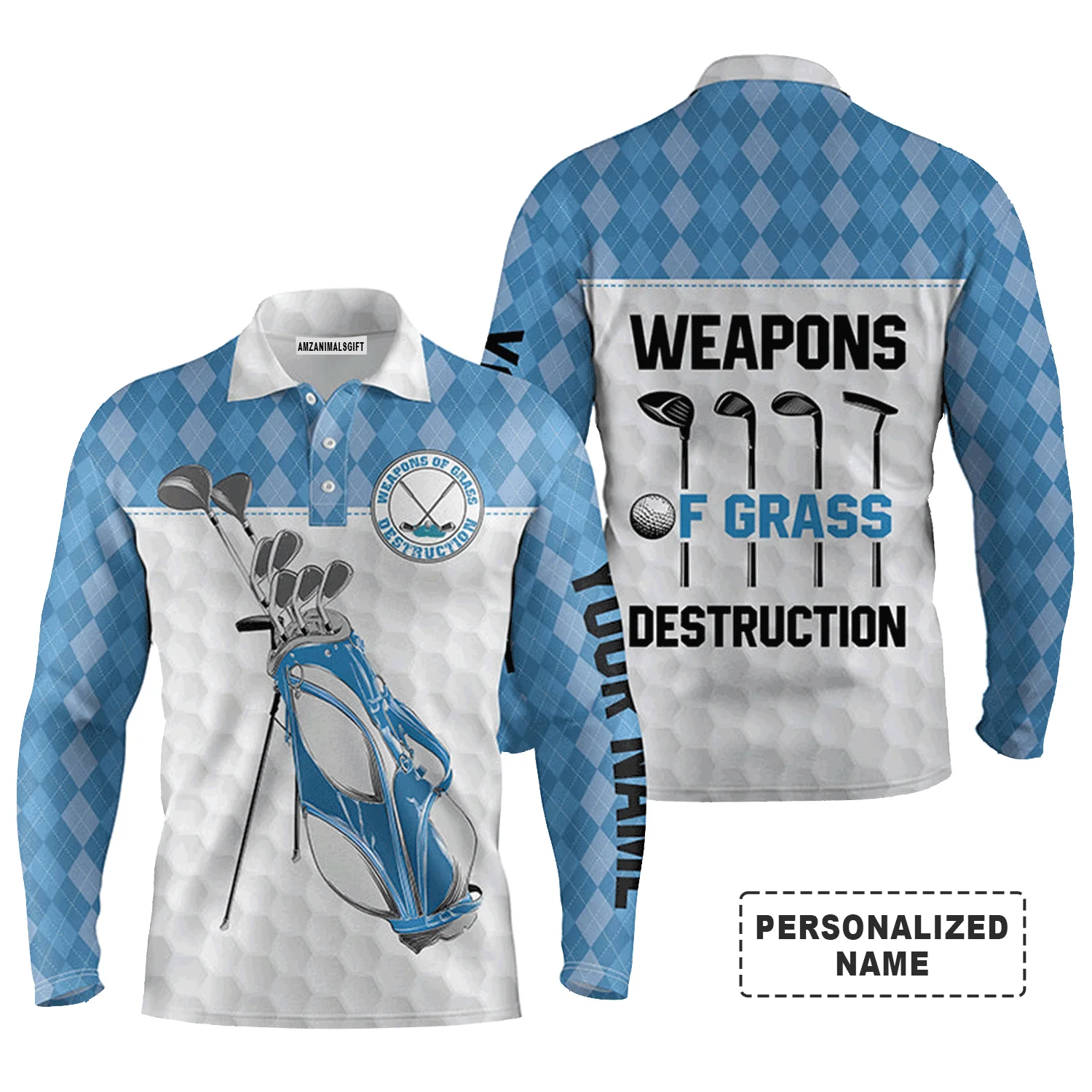Custom Golf Long Sleeve Men Polo Shirt - Golf Bag Clubs Custom Name Apparel - Weapons Of Grass Destruction - Personalized Gift For Men, Golf Lover - Image 2