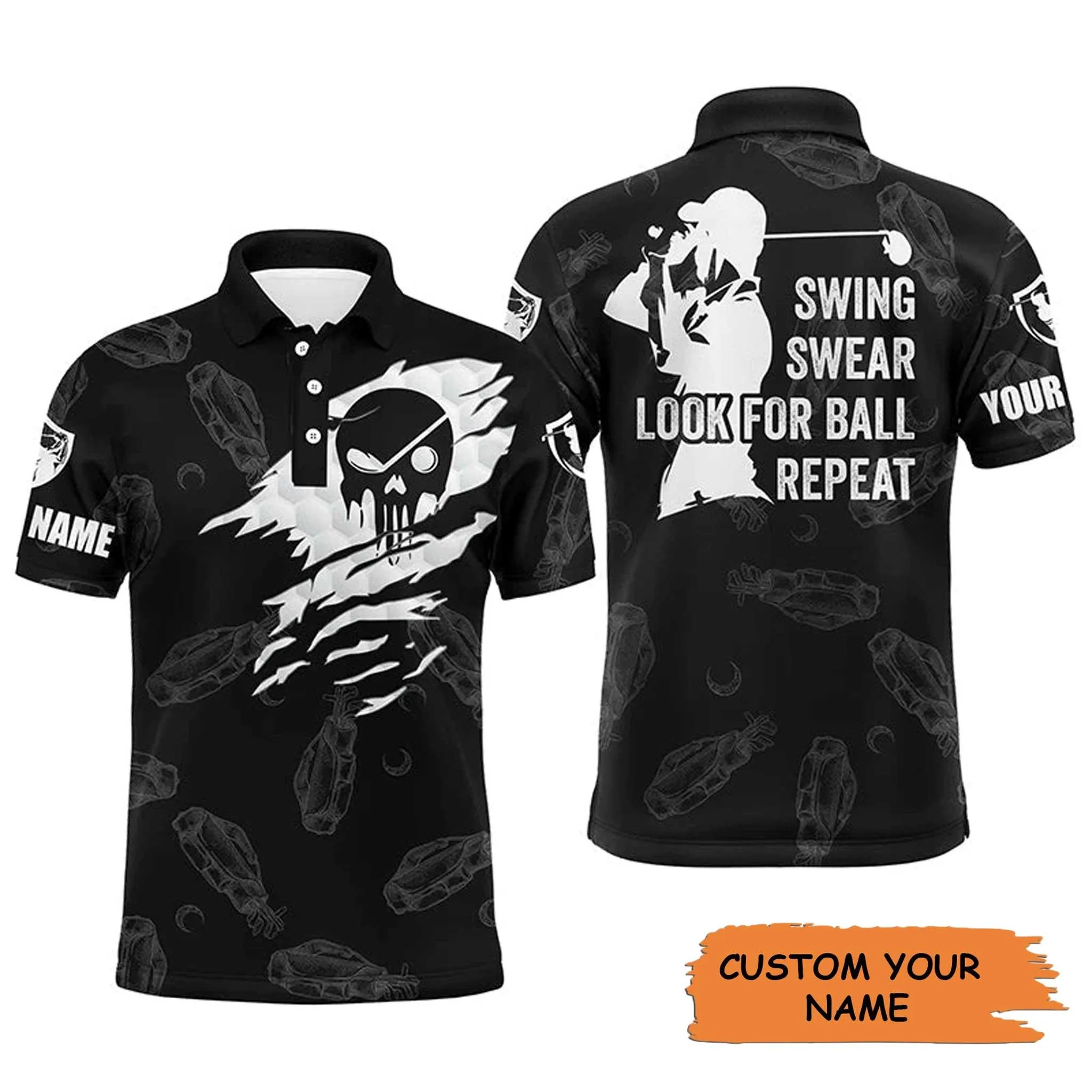 Custom Golf Long Sleeve Men Polo Shirt - Golf Clubs Pattern - Swing Swear Look For Ball Repeat - Personalized Gift For Golf Lover, Team, Golfers - Image 4