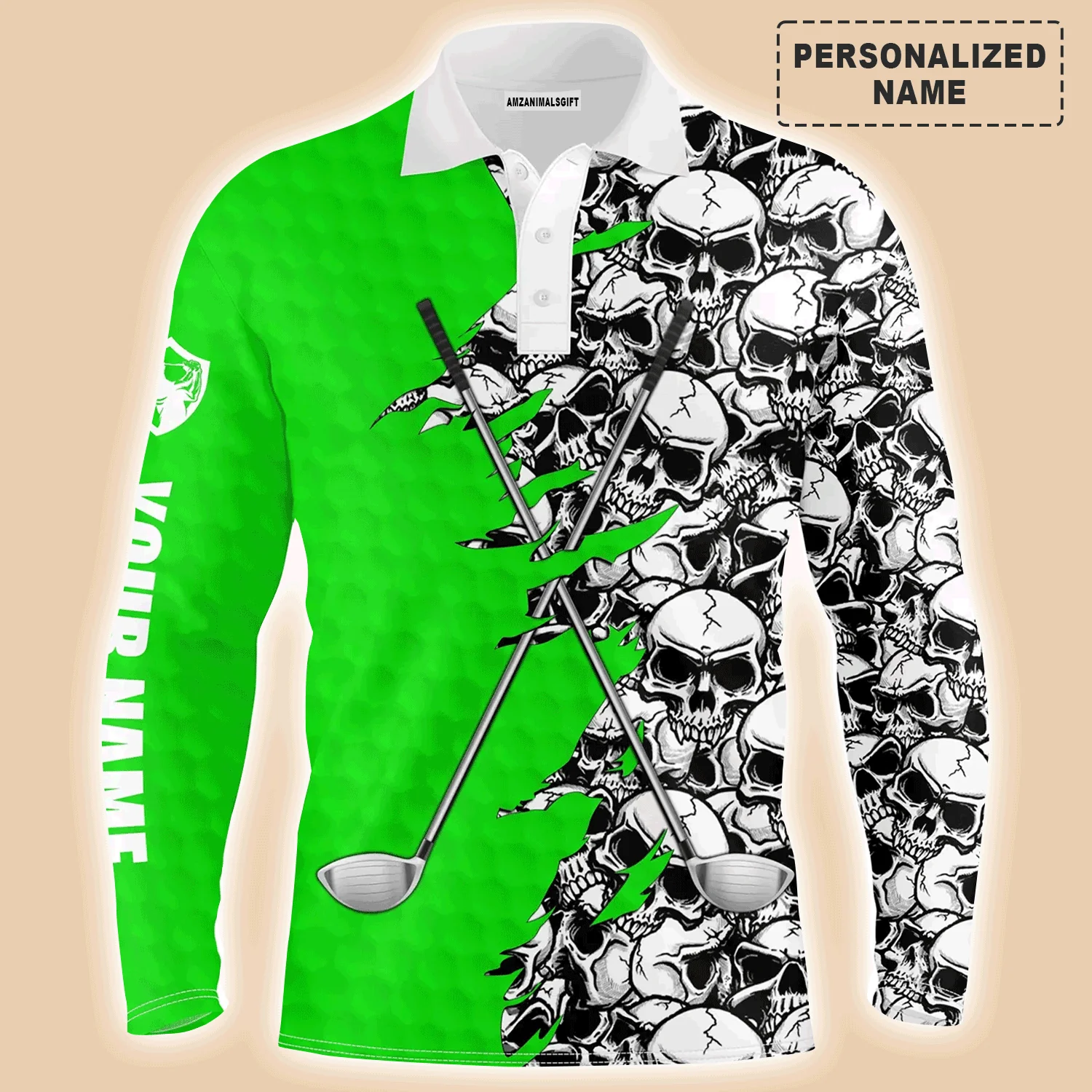 Custom Golf Long Sleeve Men Polo Shirt, Pattern Skull Golf Clubs Performance Custom Name Apparel - Perfect Gift For Men, Golf Lovers - Image 6