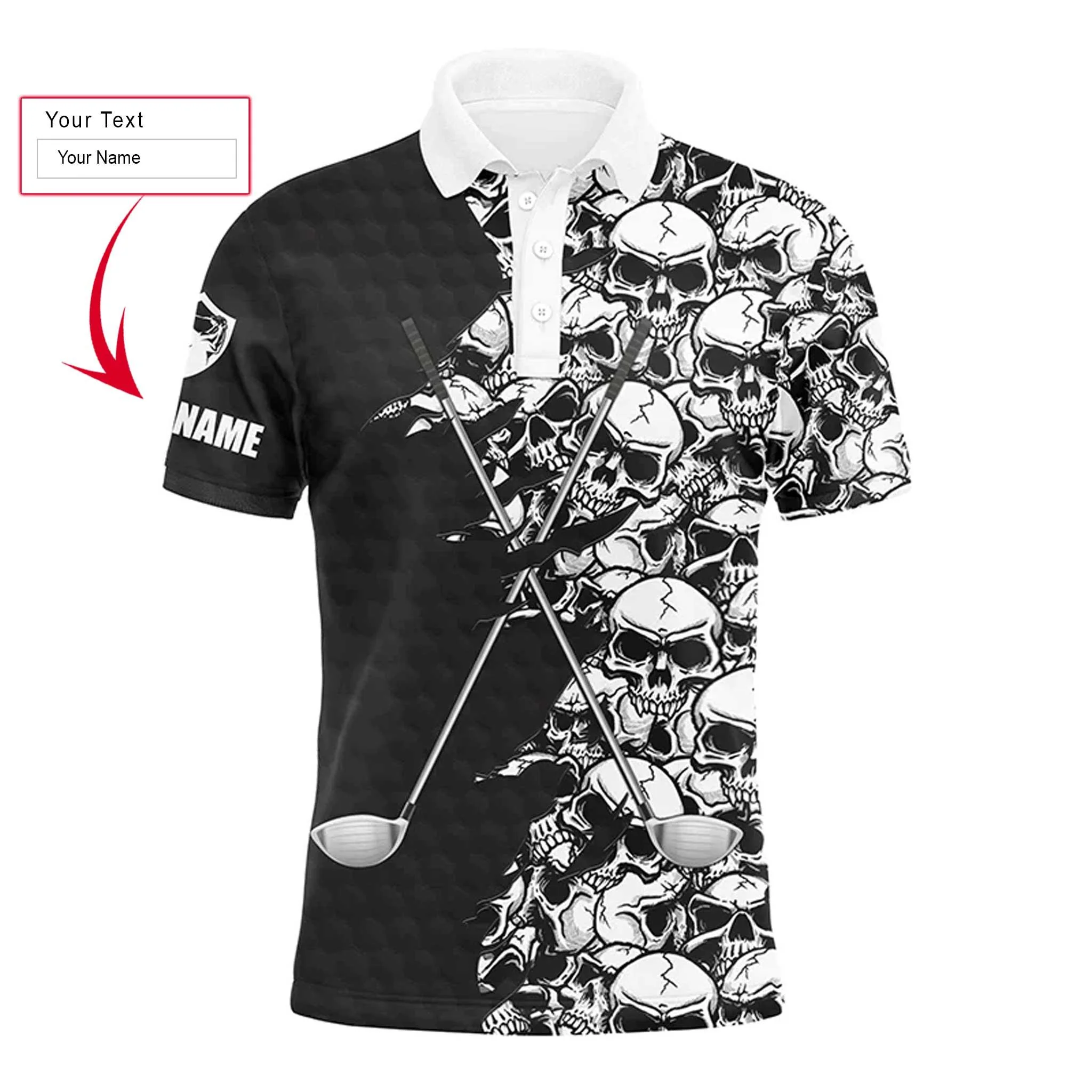 Custom Golf Long Sleeve Men Polo Shirt, Pattern Skull Golf Clubs Performance Custom Name Apparel - Perfect Gift For Men, Golf Lovers - Image 7