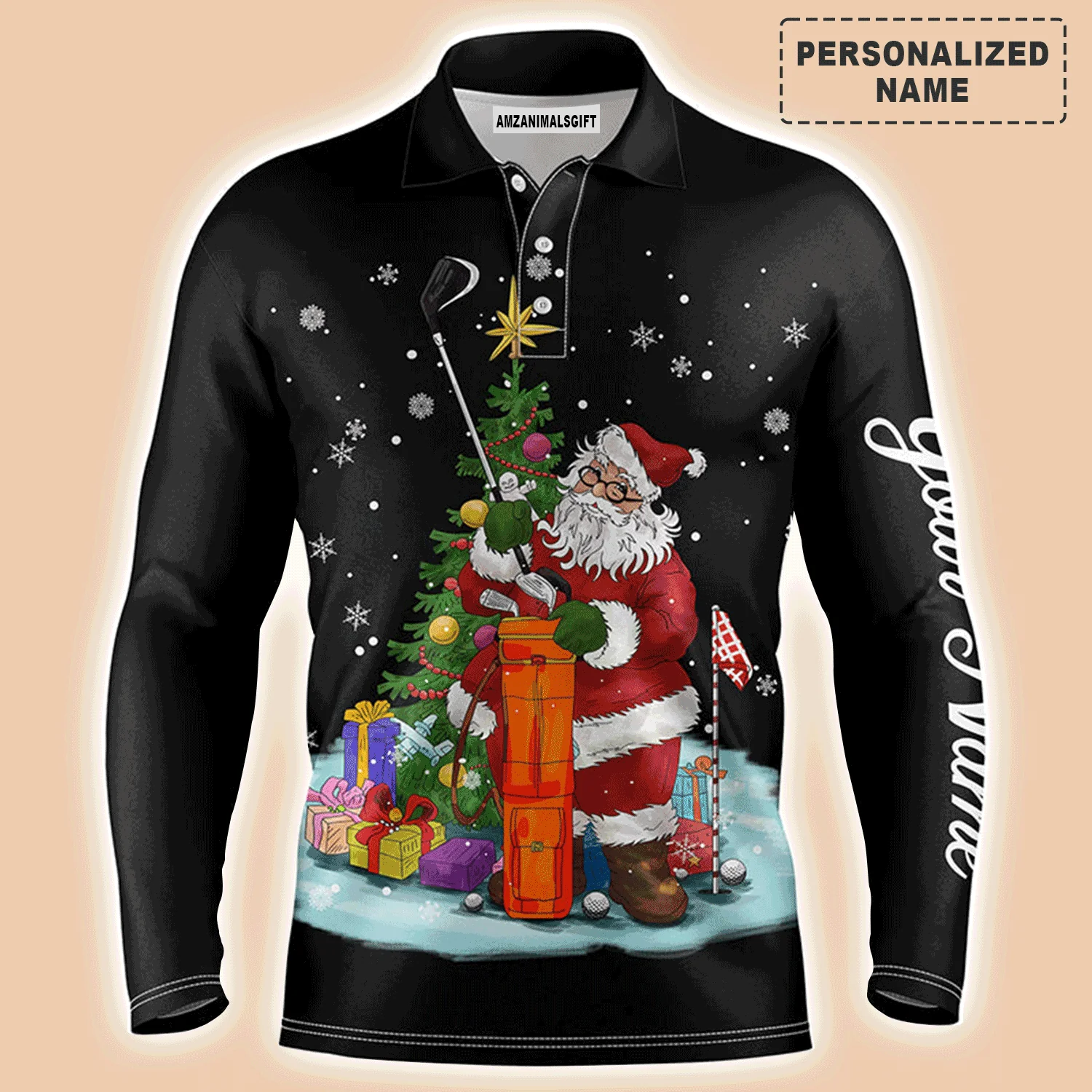 Custom Golf Long Sleeve Men Polo Shirt - Santa Golfer Christmas Custom Name Apparel - Personalized Gift For Golf Lover, Team, Husband, Men - Image 4