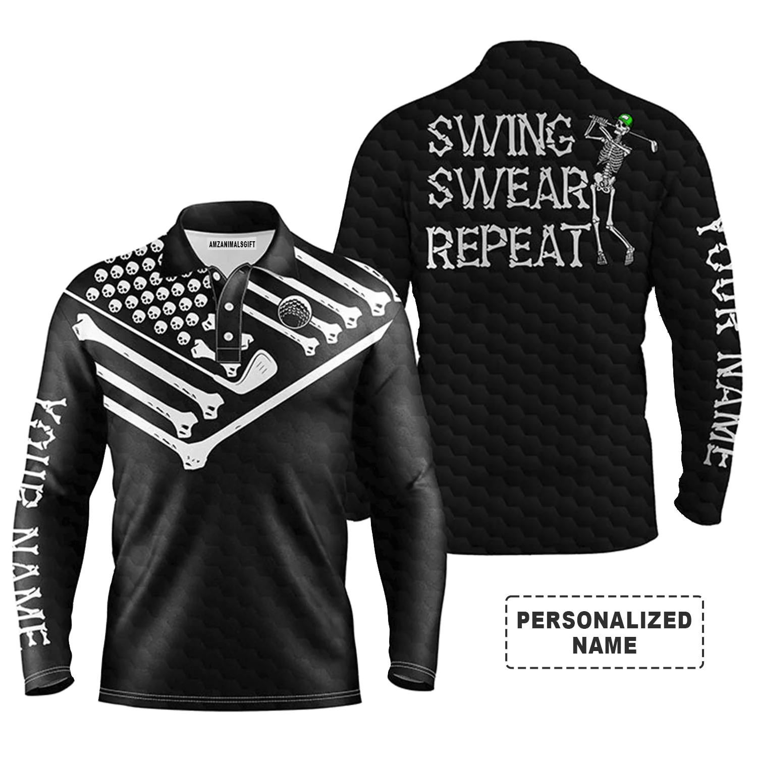 Custom Golf Long Sleeve Men Polo Shirt - Skeleton American Flag Black White, Swing Swear Repeat Polo Shirt - Personalized Gift For Golf Lover, Men - Image 2