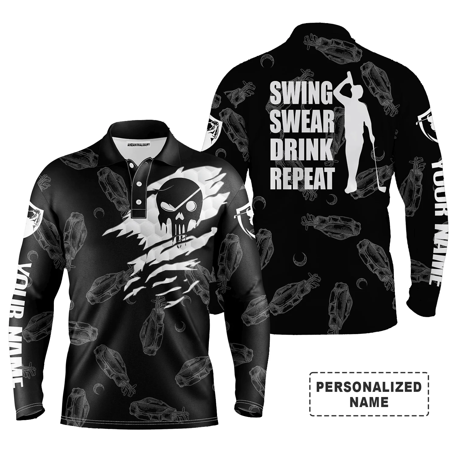 Custom Golf Long Sleeve Men Polo Shirt, Swing Swear Drink Repeat Custom Name Black Golf Clubs Pattern Polo SHirt For Men, Golf Lovers - Image 2