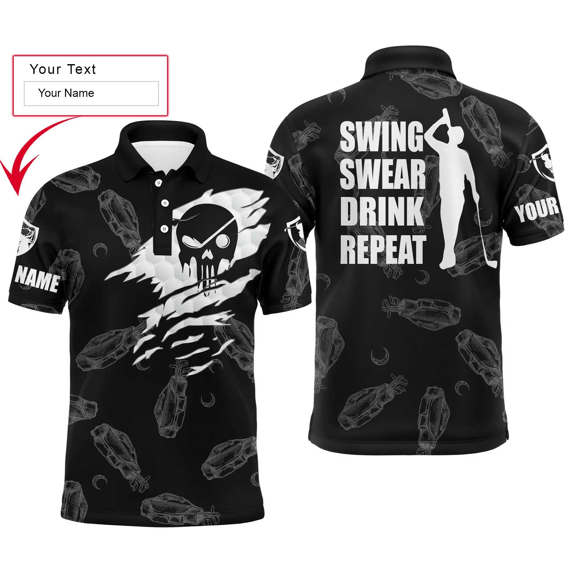 Custom Golf Long Sleeve Men Polo Shirt, Swing Swear Drink Repeat Custom Name Black Golf Clubs Pattern Polo SHirt For Men, Golf Lovers - Image 3