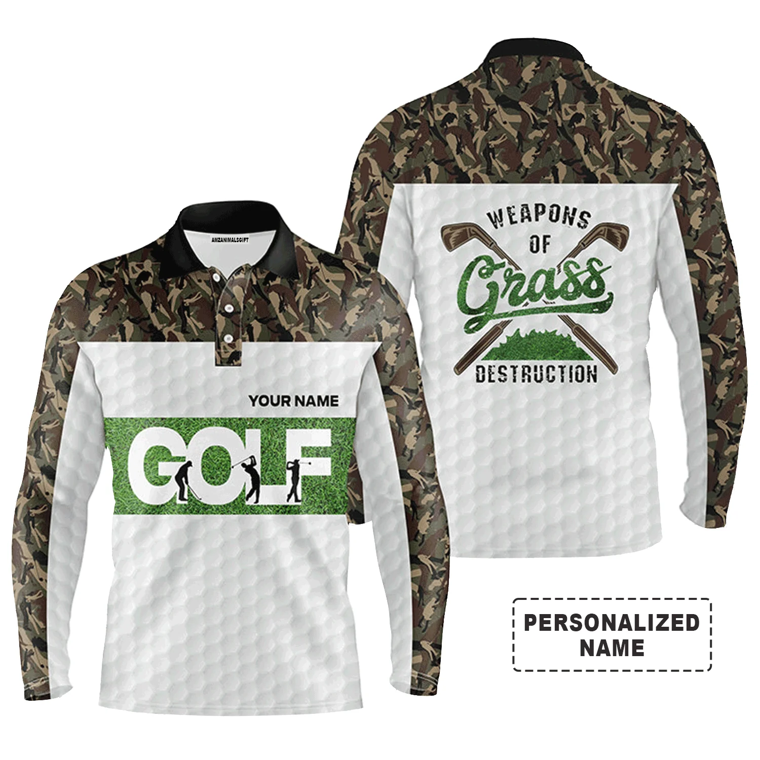 Custom Golf Long Sleeve Men Polo Shirt - Weapon Of Grass Destruction Camo Pattern White Background Men Polo Shirts For Golf Lover - Image 2