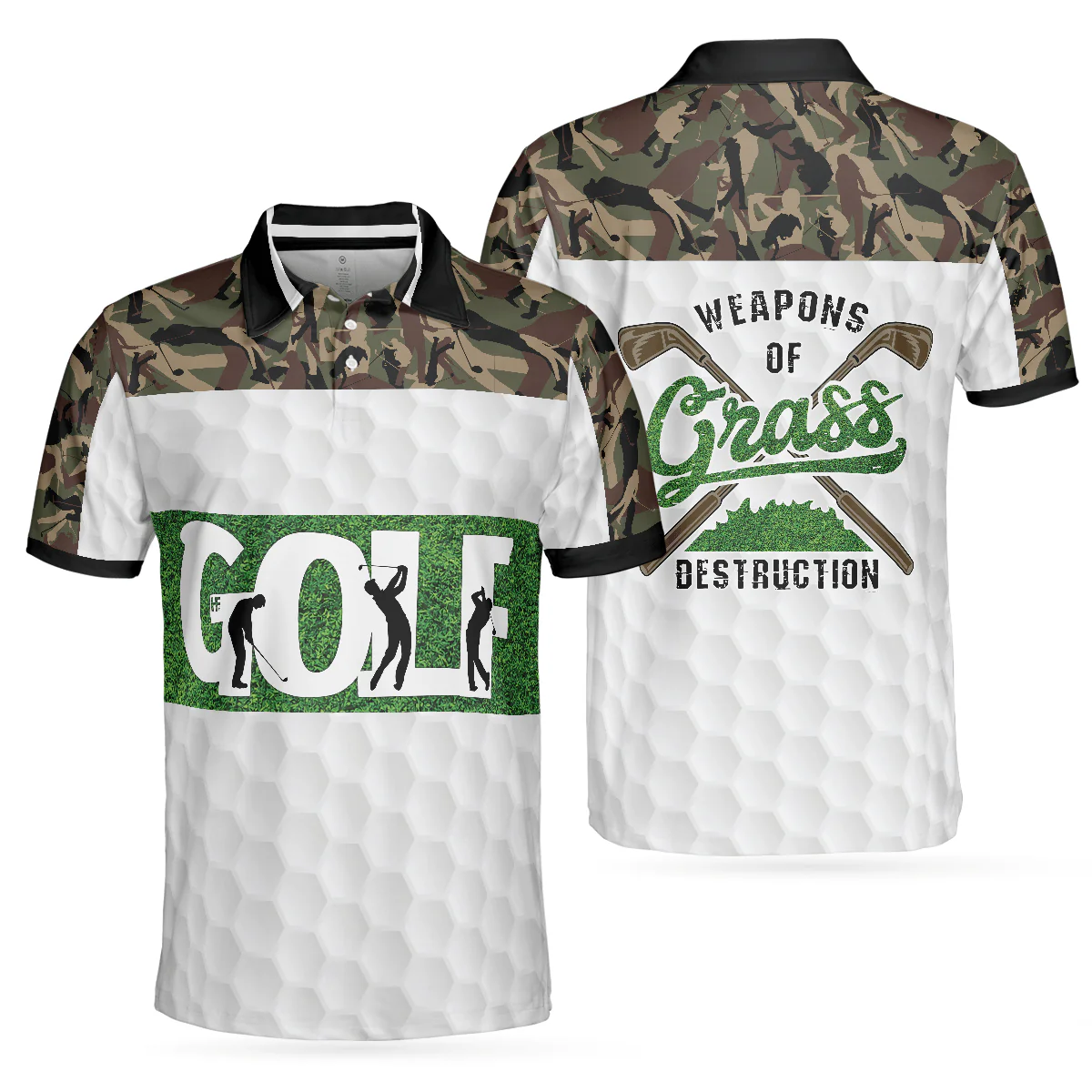 Custom Golf Long Sleeve Men Polo Shirt - Weapon Of Grass Destruction Camo Pattern White Background Men Polo Shirts For Golf Lover - Image 3