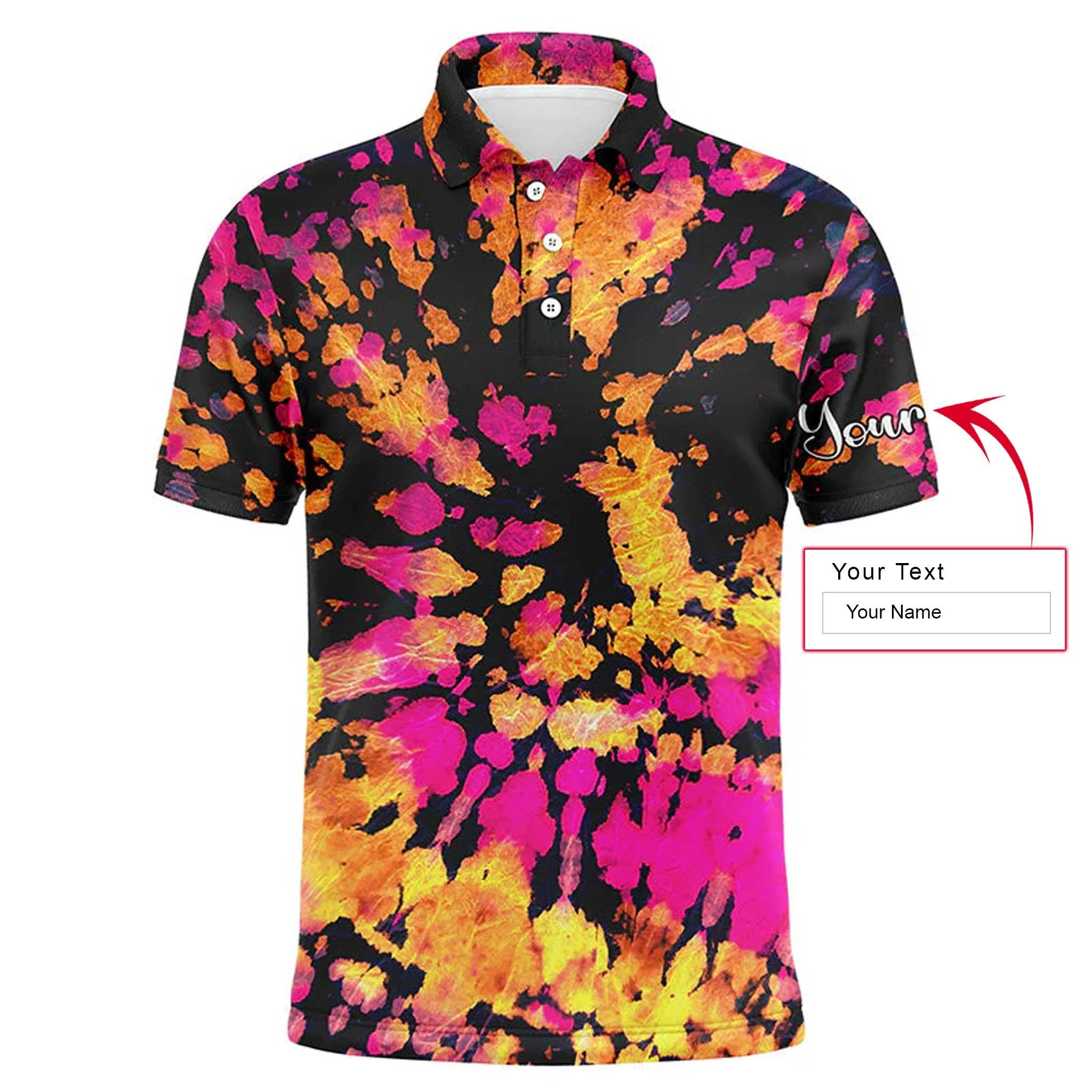 Custom Golf Long Sleeve Men Polo Shirt - Yellow Pink Black Tie Dye Pattern Custom Name Apparel - Personalized Gift For Men, Golf Lover - Image 3