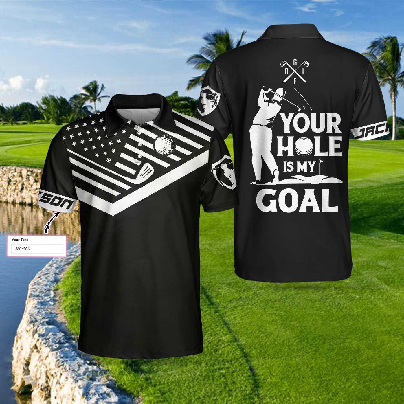 Custom Golf Long Sleeve Men Polo Shirt - Your Hole Is My Goal Custom Name Black American Flag Men Polo Shirt For Golf Lover - Image 2