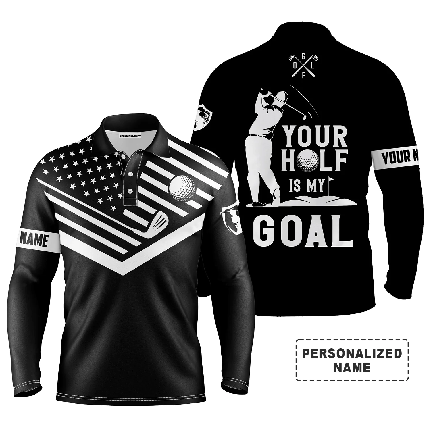 Custom Golf Long Sleeve Men Polo Shirt - Your Hole Is My Goal Custom Name Black American Flag Men Polo Shirt For Golf Lover - Image 6
