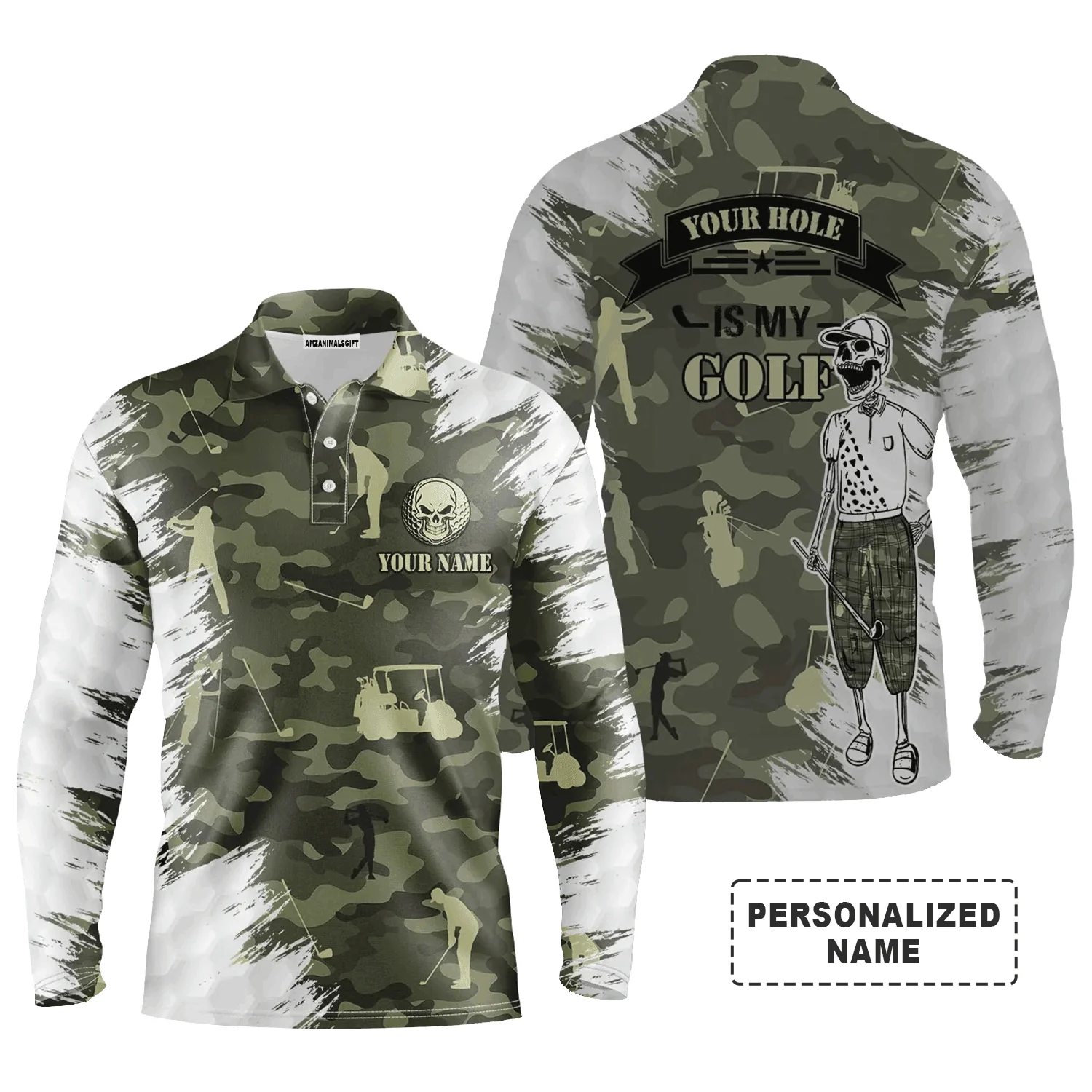 Custom Golf Long Sleeve Men Polo Shirt - Your Hole Is My Goal Skull Camo Pattern Custom Name Men Polo Shirt For Golf Lover - Image 3