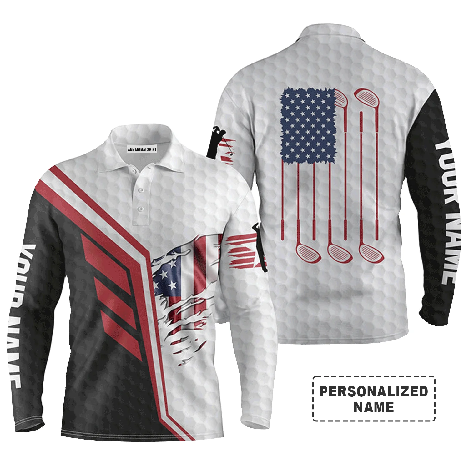 Custom Golf Men Polo Shirt - American Flag Golf Clubs White Golf Balls Skin Custom Name Apparel Men Golf Polo Shirt - Perfect Polo Shirt For Men - Image 3