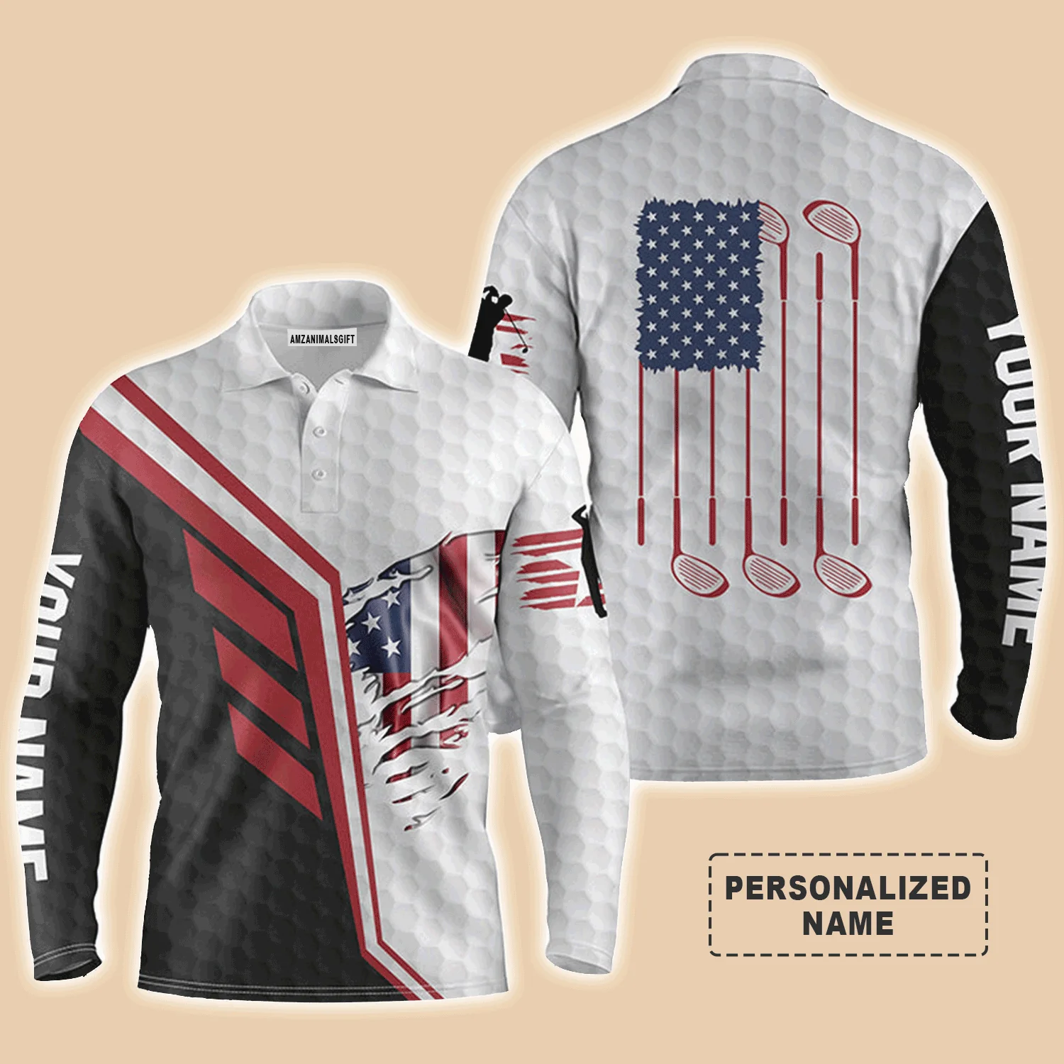 Custom Golf Men Polo Shirt - American Flag Golf Clubs White Golf Balls Skin Custom Name Apparel Men Golf Polo Shirt - Perfect Polo Shirt For Men - Image 4